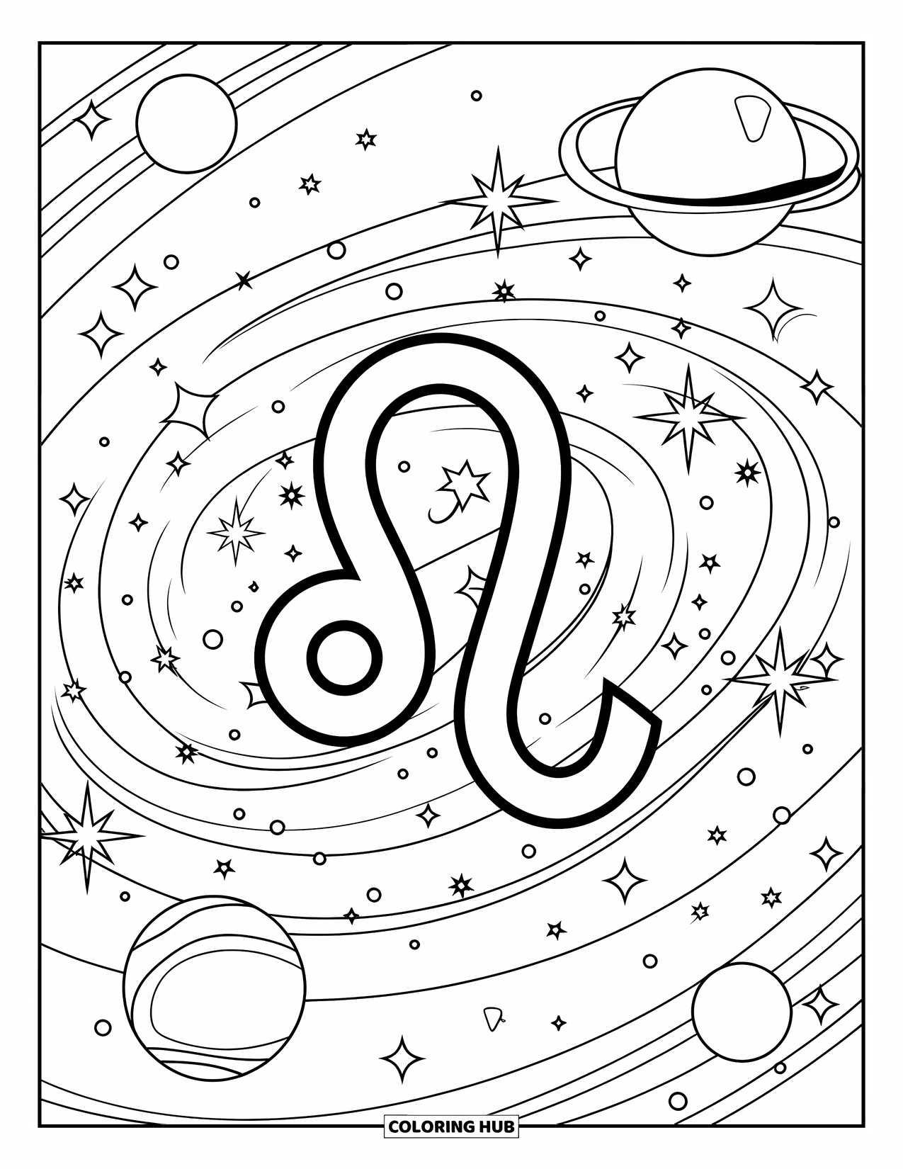 Leo Coloring Page for Kids: Leo glyph in a galaxy swirl with bold, modern outlines