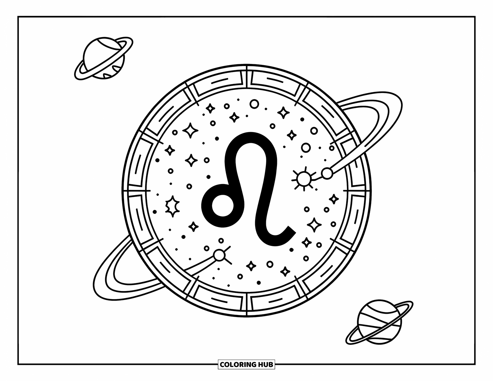 Leo Coloring Page for Kids: Leo glyph in swirling star frame with scattered planet icons