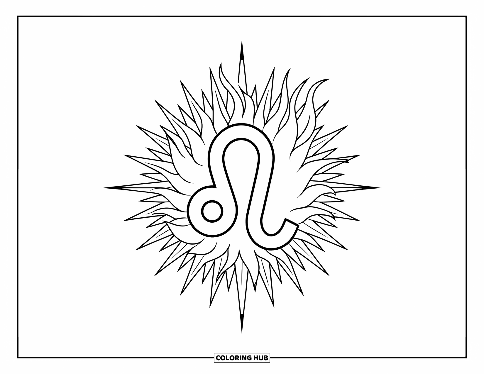 Leo Coloring Page for Kids: Leo glyph surrounded by fire and sharp sunburst lines