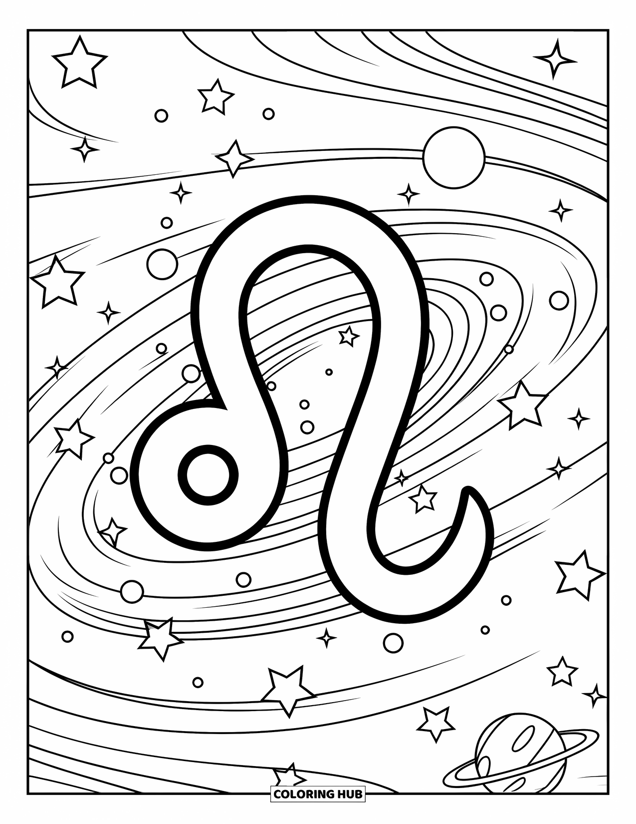 Leo Coloring Page for Kids: Leo sign surrounded by stars, planets, and a spiral galaxy