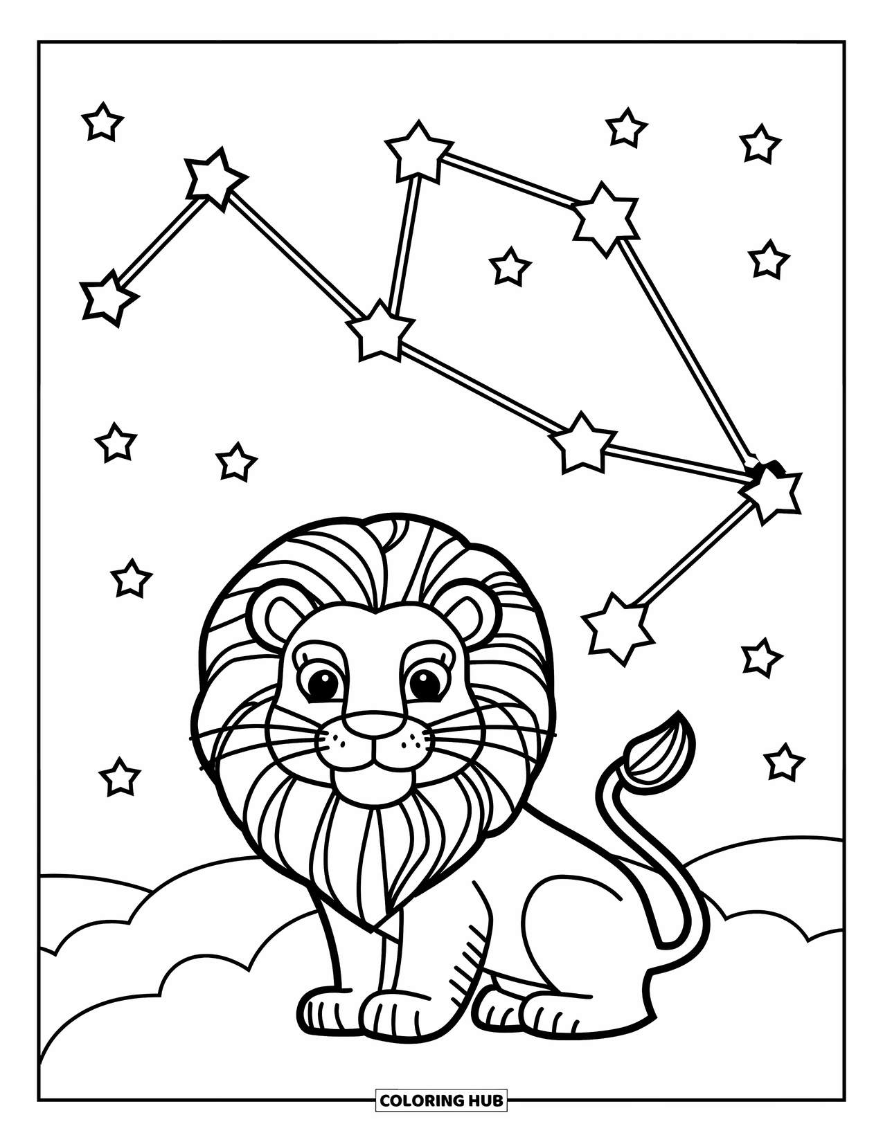 Leo Coloring Page for Kids: Leo the lion sitting under a starry constellation sky