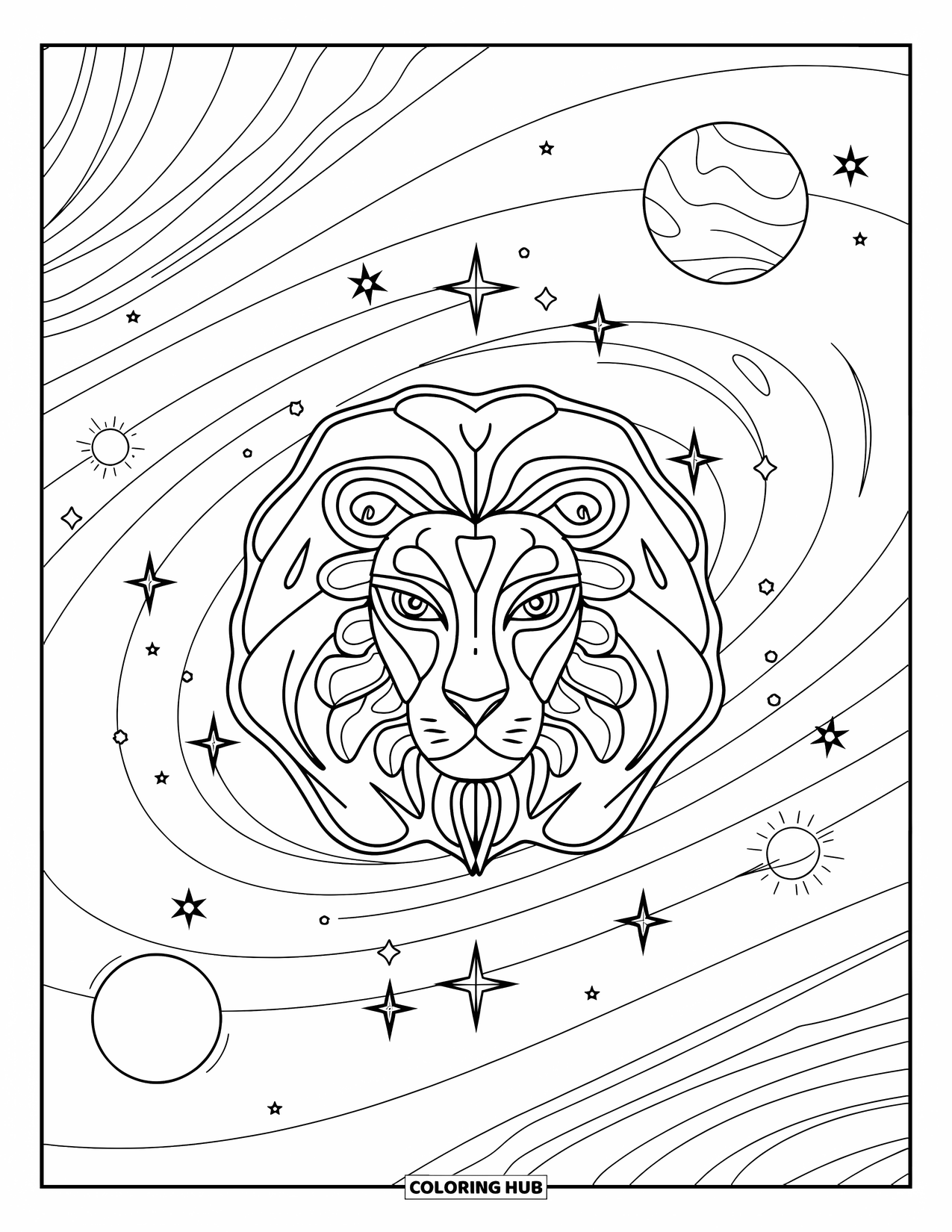 Leo Coloring Page for Kids: Leo zodiac glyph inside a spiral galaxy of stars and planets