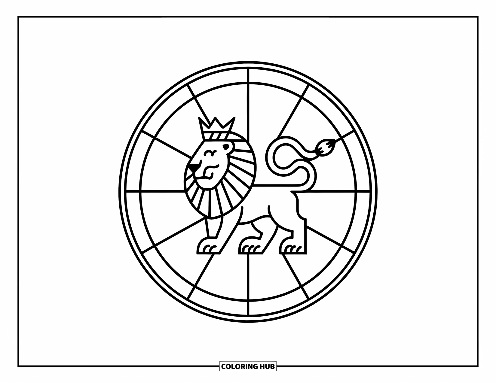Leo Coloring Page for Kids: Leo zodiac wheel with a crowned lion and simple lines