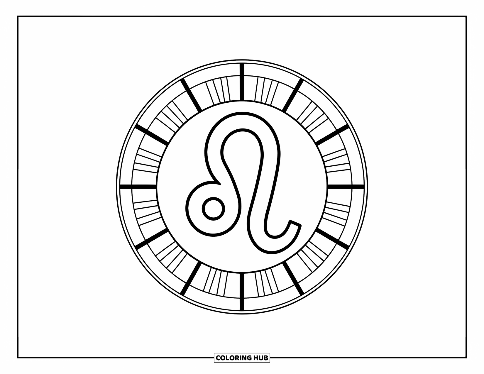 Leo Coloring Page for Kids: Leo zodiac wheel with clean lines and a bold central lion symbol