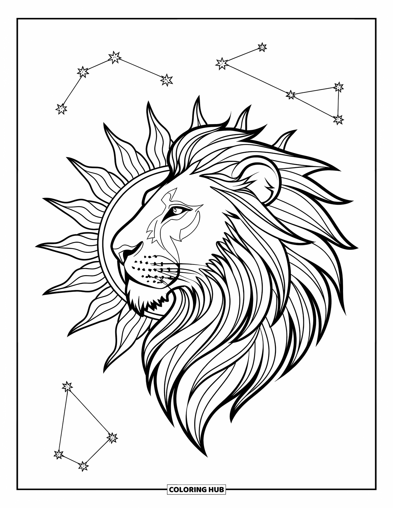 Leo Coloring Page for Kids: Lion profile with dramatic sun and constellation above