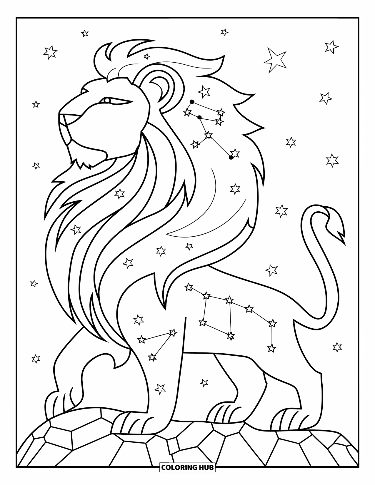 Leo Coloring Page for Kids: Lion silhouette filled with Leo constellation, standing on a rock