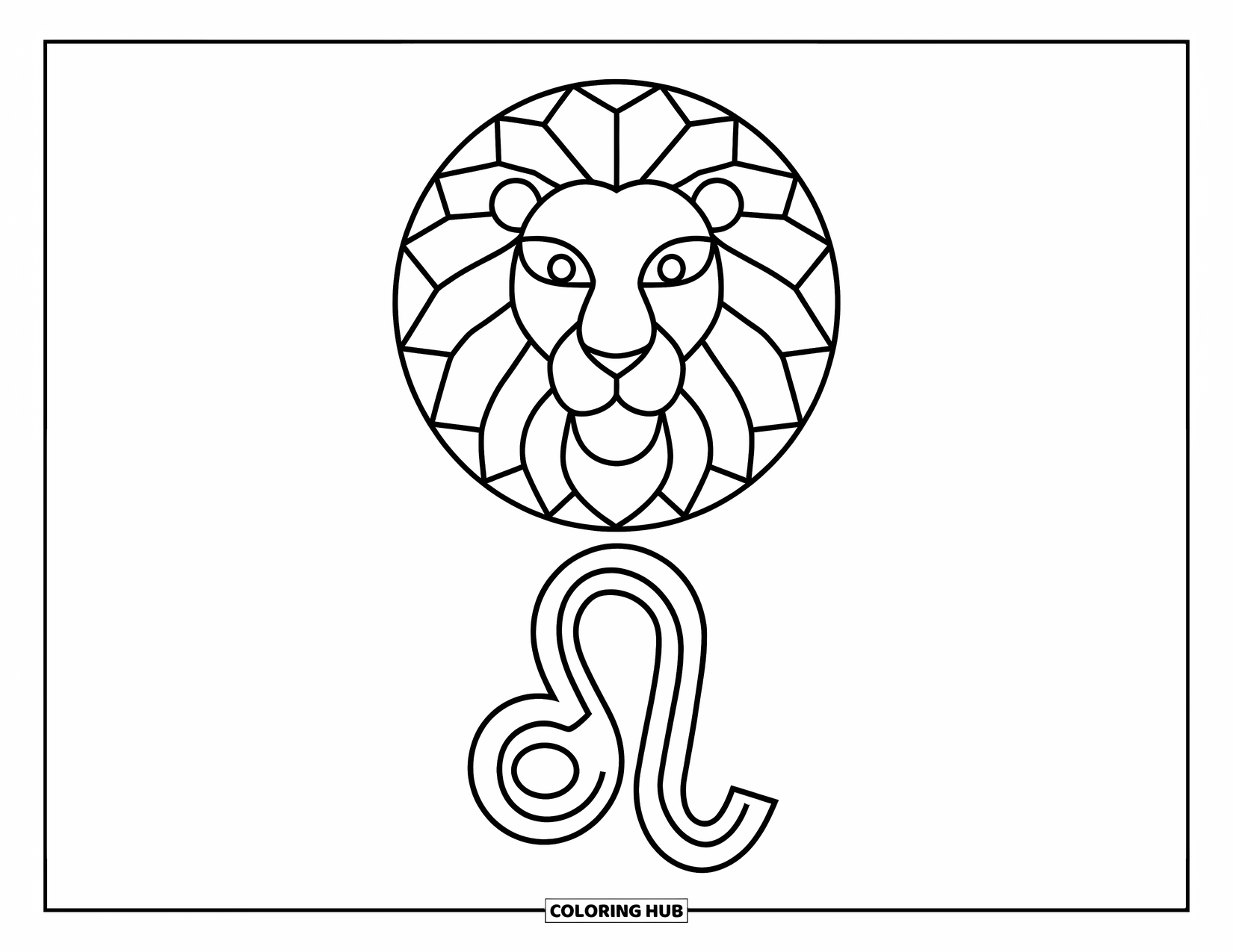 Leo Coloring Page for Kids: Lion's head inside a circle with a Leo glyph underneath