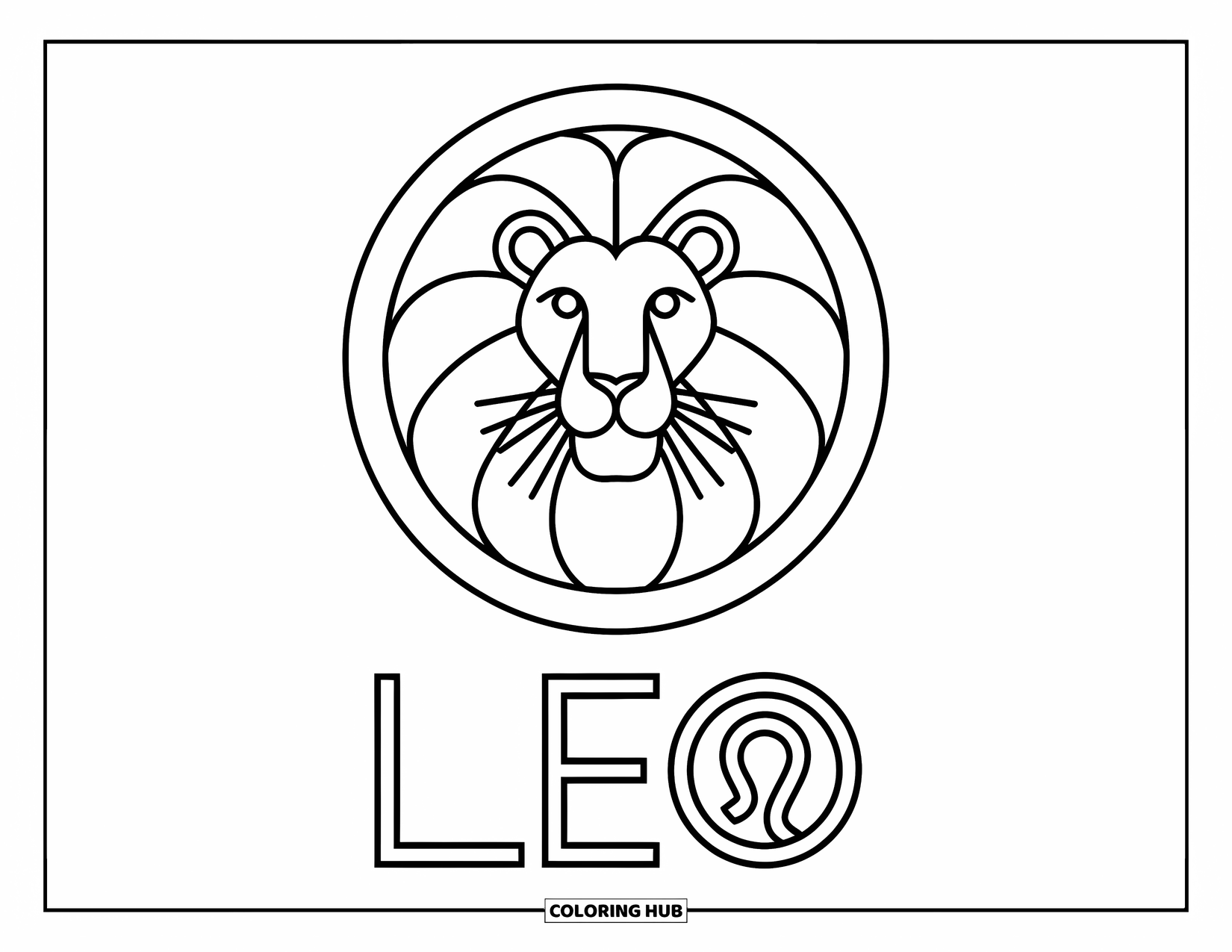 Leo Coloring Page for Kids: Outlined lion head in a circle with Leo sign below