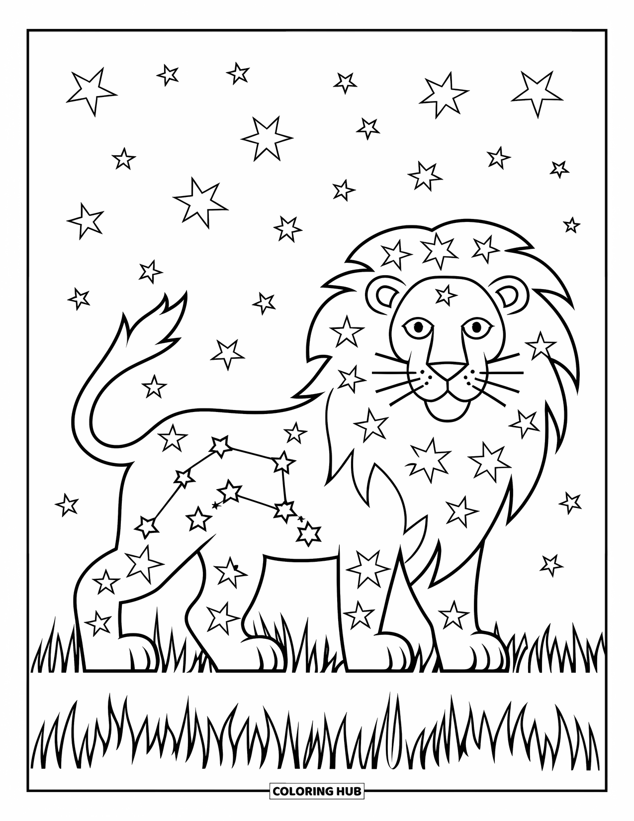 Leo Coloring Page for Kids: Starry lion with Leo constellation, standing in a grassy field