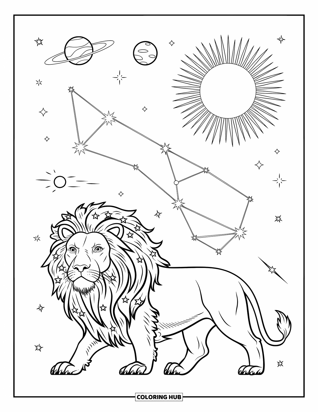 Leo Coloring Page for Kids: Starry-maned lion walking below Leo constellation and sun