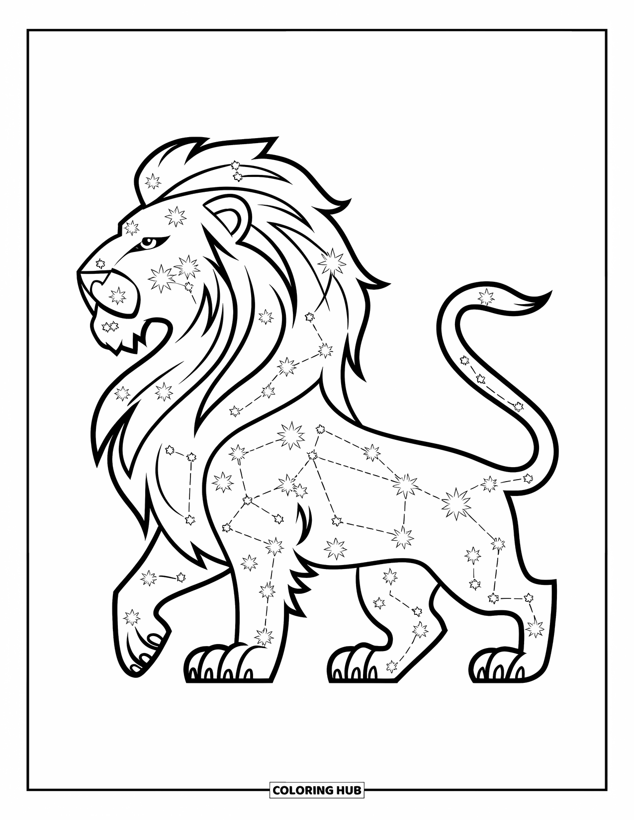 Leo Coloring Page for Kids: Stylized lion on hind legs with Leo constellation inside