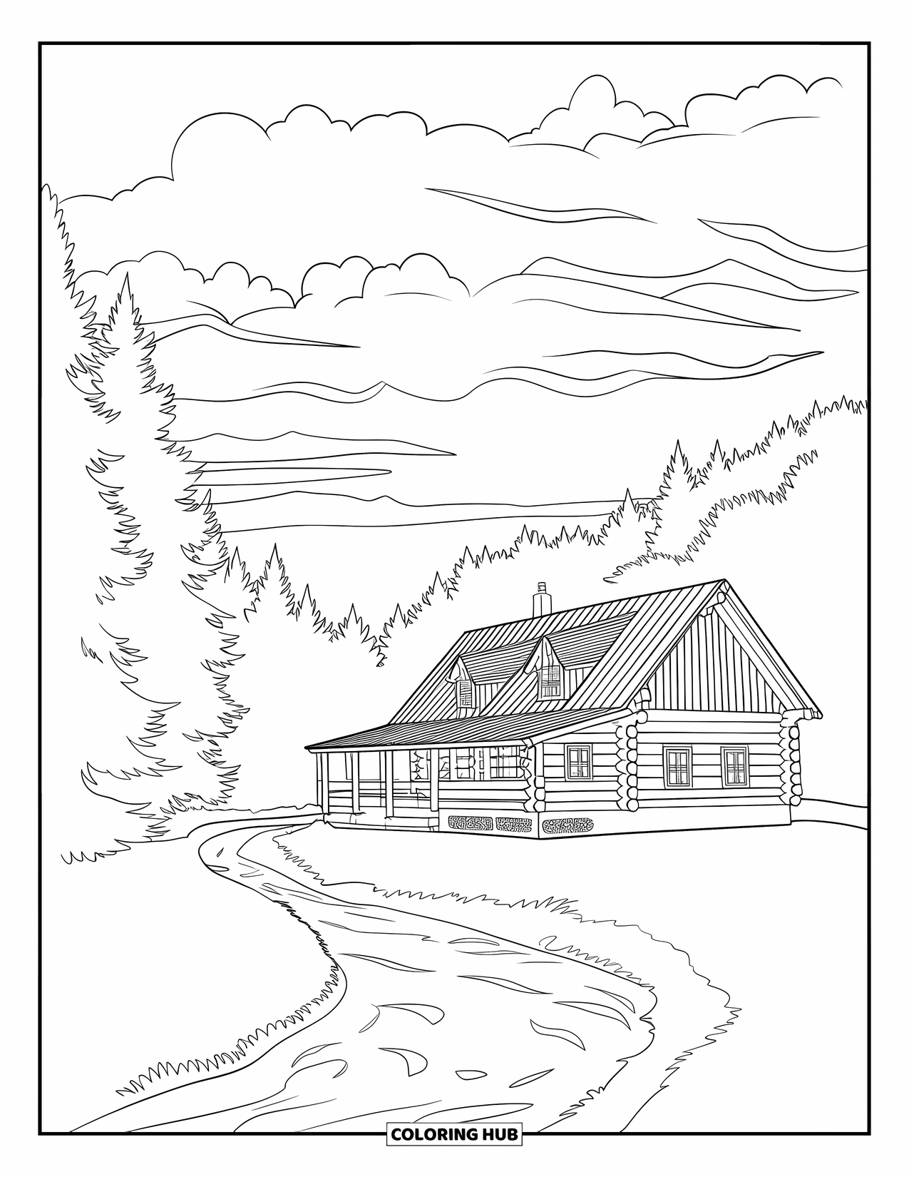 Log Cabin Coloring Page for Adults: Cabin at sunset with a flowing river and dreamy sky