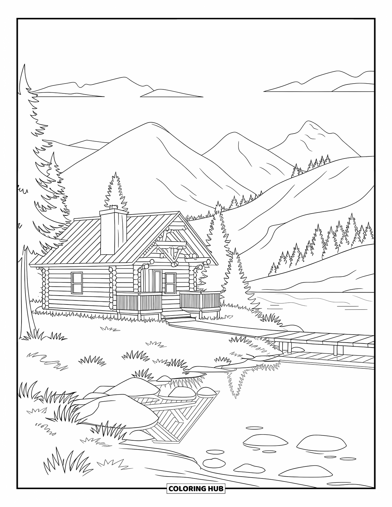 Log Cabin Coloring Page for Adults: Cabin by a still lake with dock, trees, and soft hills