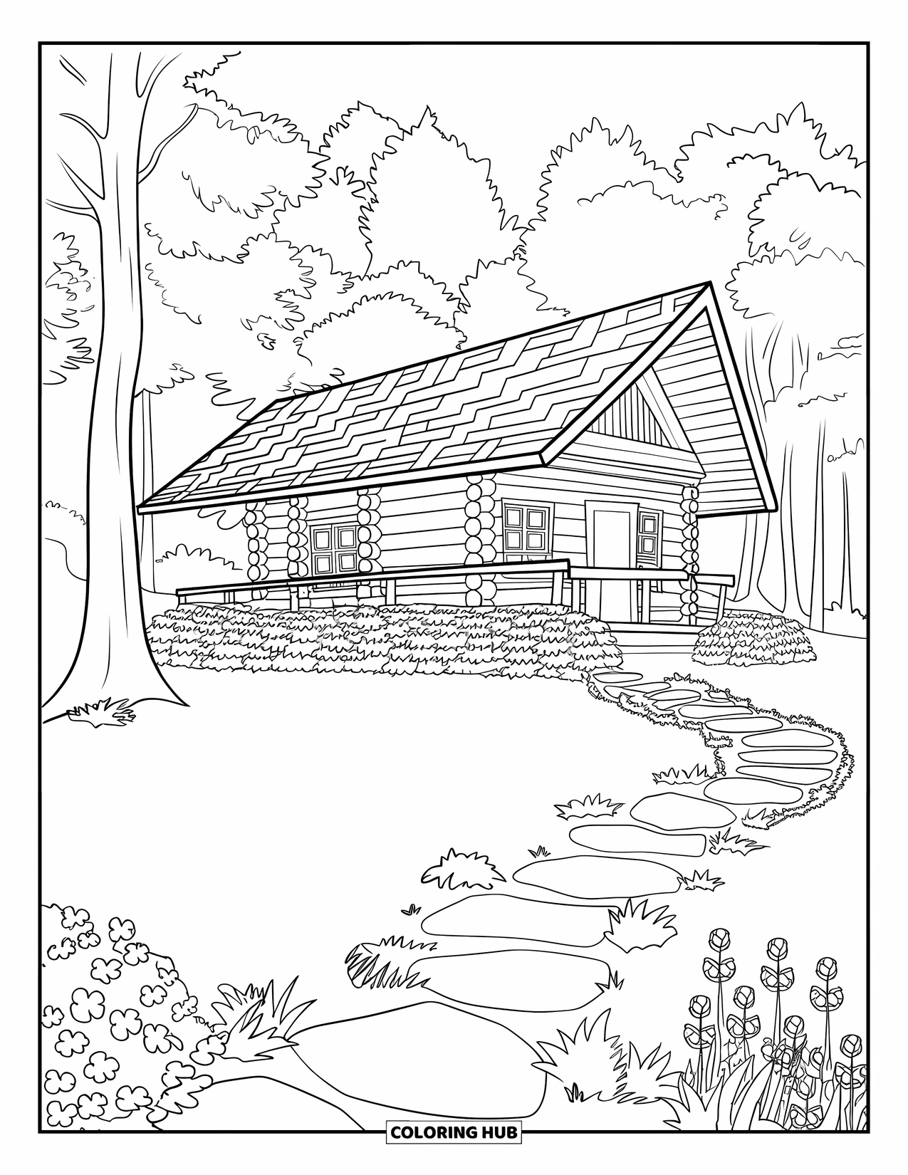 Log Cabin Coloring Page for Adults: Cabin in a quiet clearing with stone paths and leafy surroundings