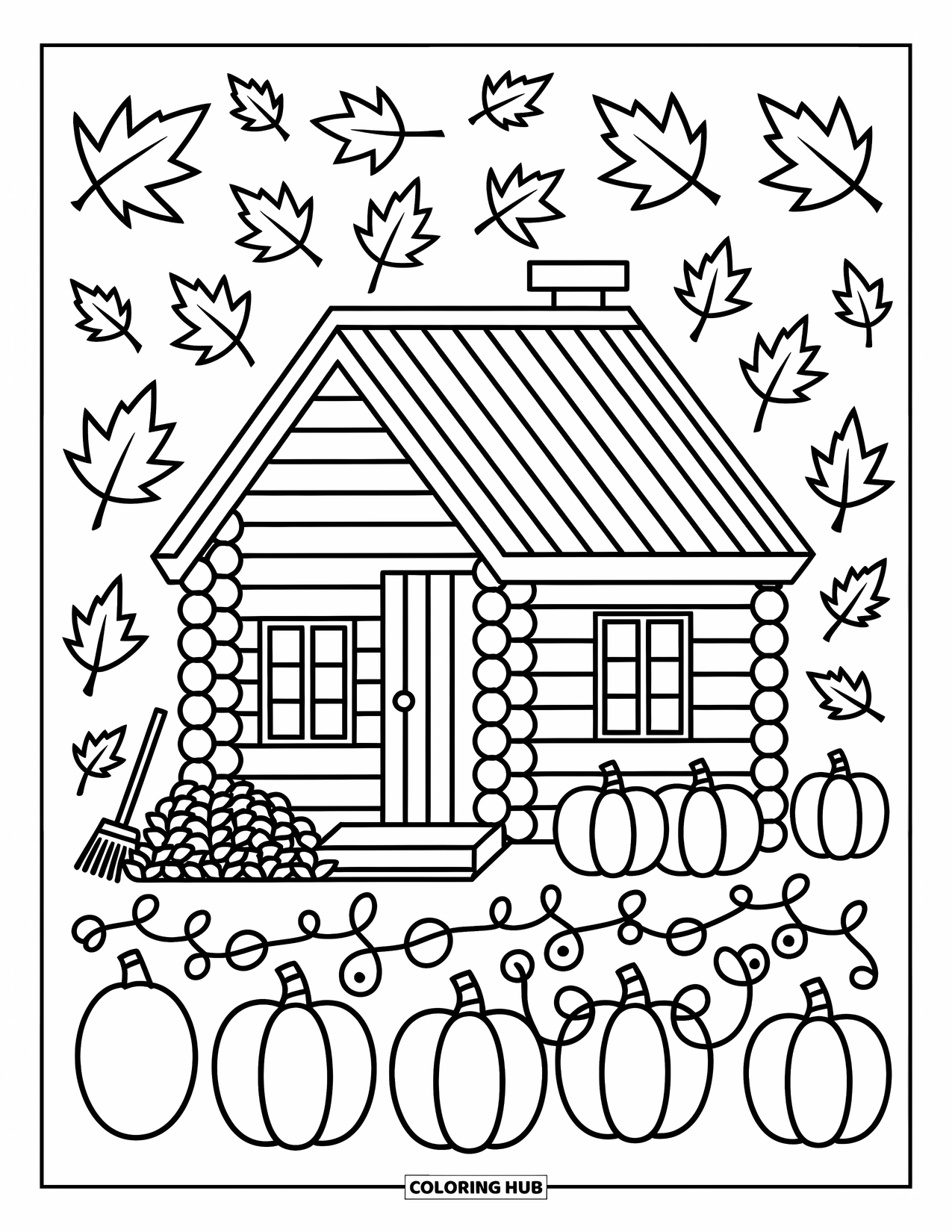 Log Cabin Coloring Page for Adults: Cabin in fall with leaf pile, pumpkins, and a tiny rake by the porch