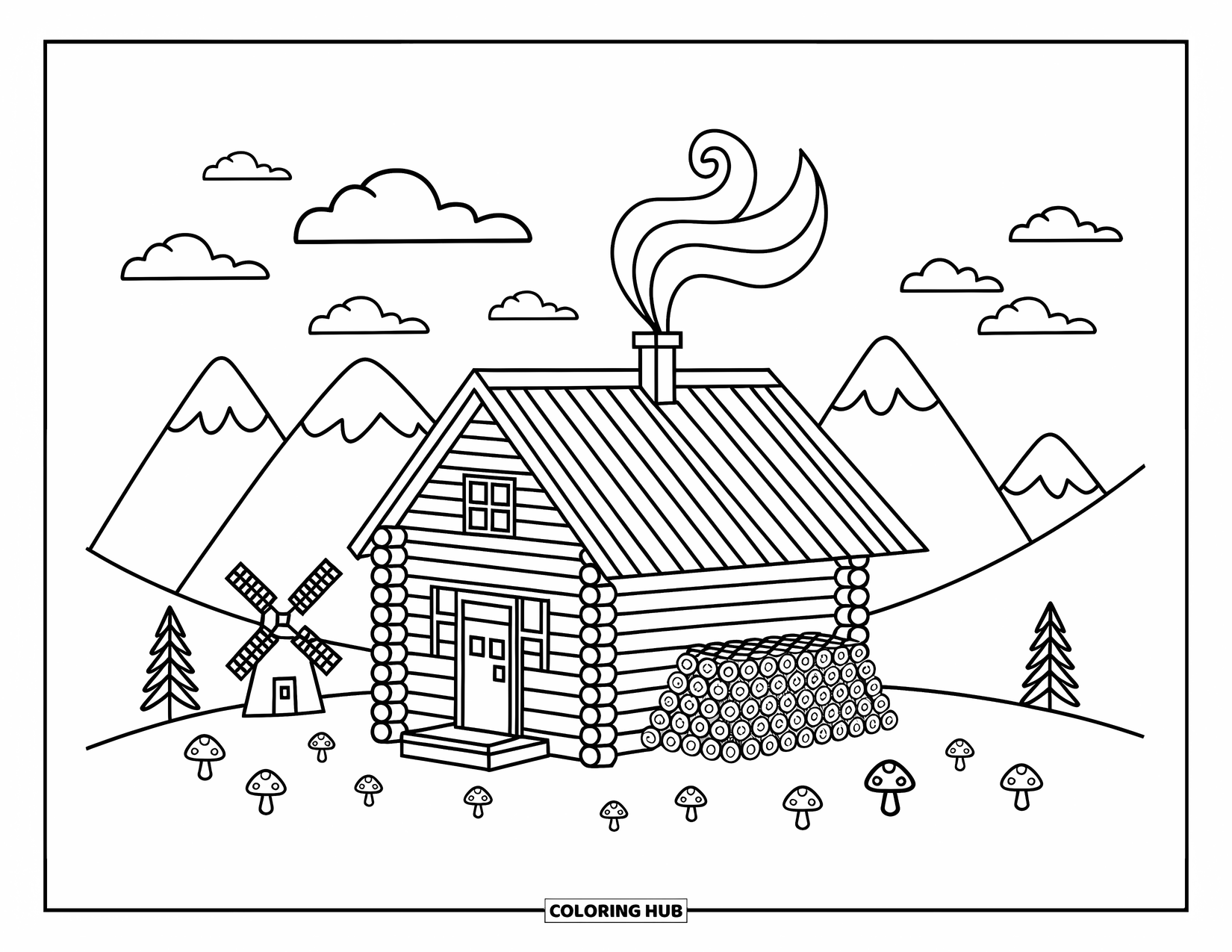 Log Cabin Coloring Page for Adults: Cabin on a mountain with woodpile, windmill, clouds, and tiny cheerful birds