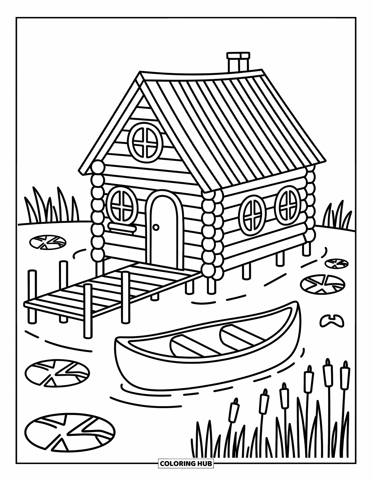 Log Cabin Coloring Page for Adults: Cabin on stilts by the pond with a canoe, lily pads, and cattails
