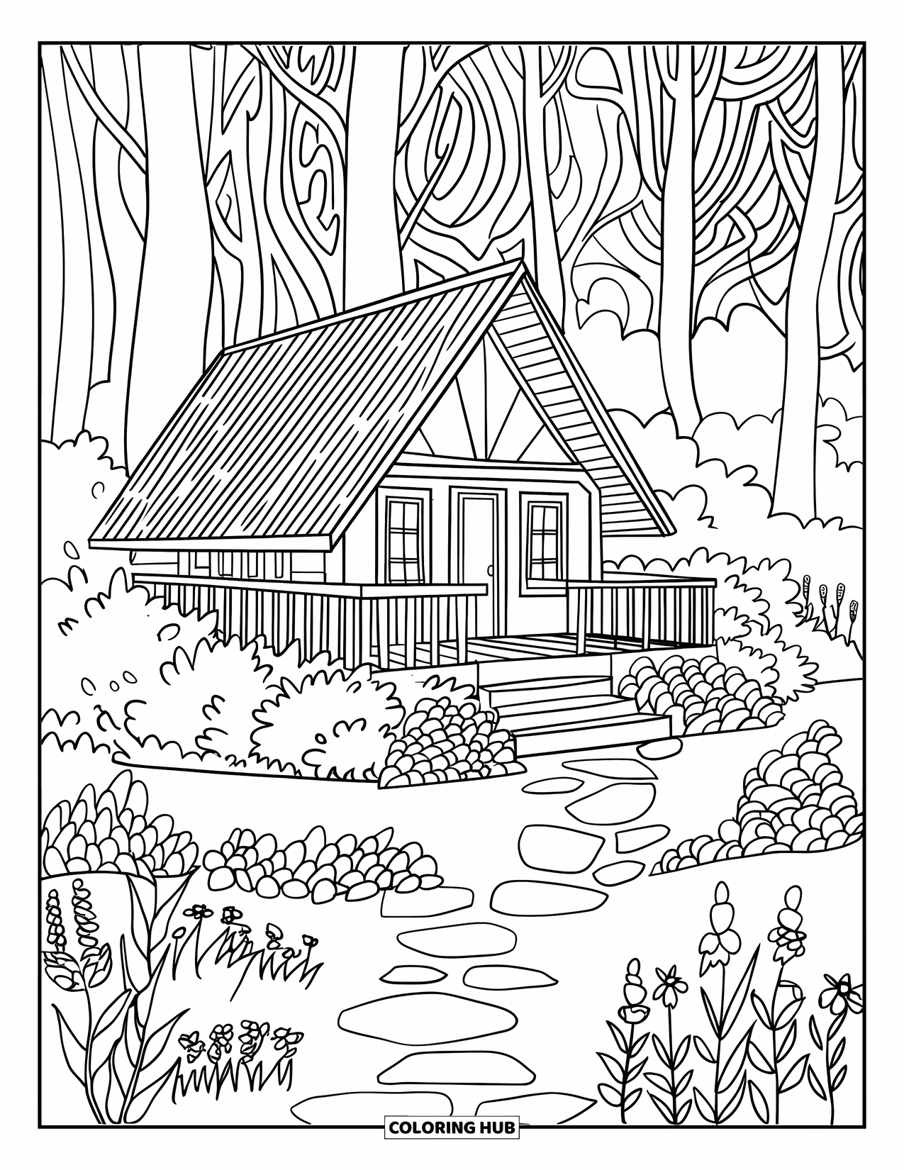 Log Cabin Coloring Page for Adults: Cabin surrounded by trees, stone paths, and blooming wildflowers