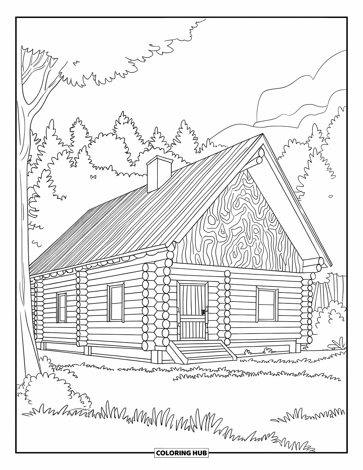 Log Cabin Coloring Page for Adults: Cabin with chimney and detailed wood grain in a forest setting