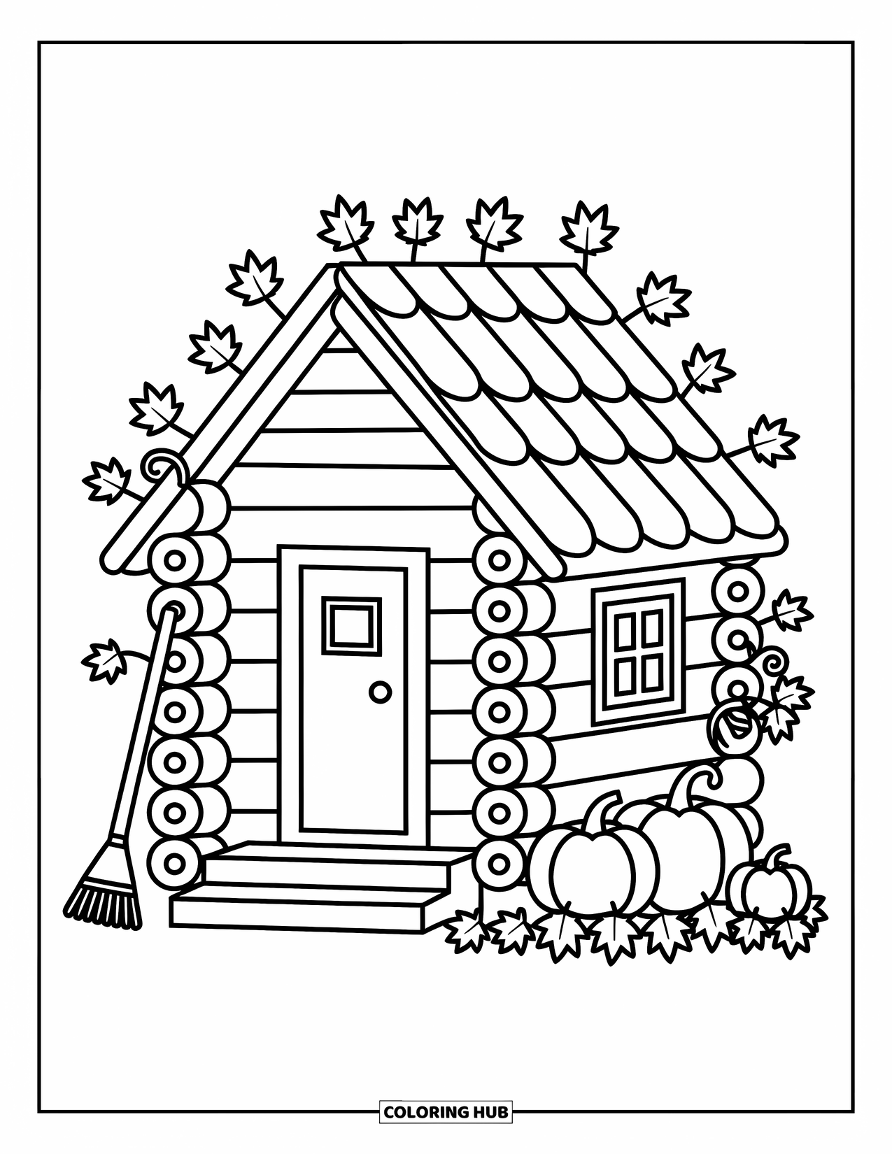 Log Cabin Coloring Page for Adults: Cabin with pumpkins, falling leaves, and a rake resting on the wall