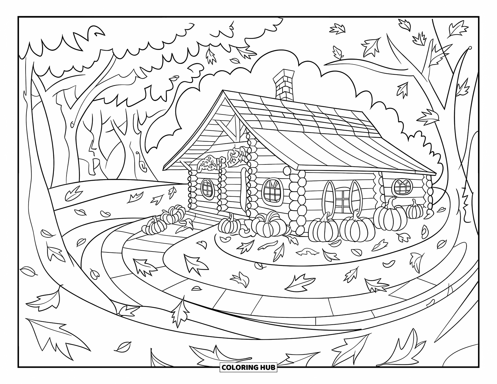 Log Cabin Coloring Page for Adults: Charming autumn cabin with pumpkins and a path lit by lanterns