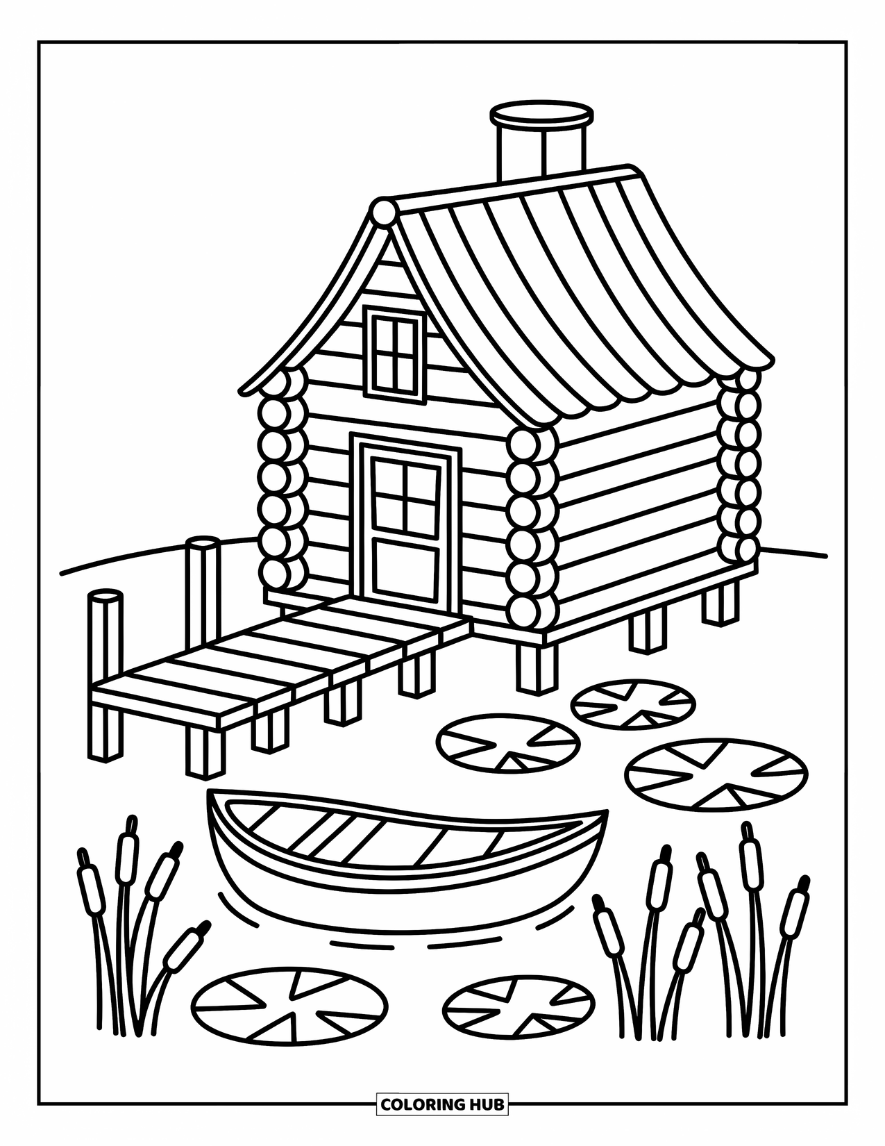Log Cabin Coloring Page for Adults: Cozy cabin above a pond with lily pads and a tied canoe nearby
