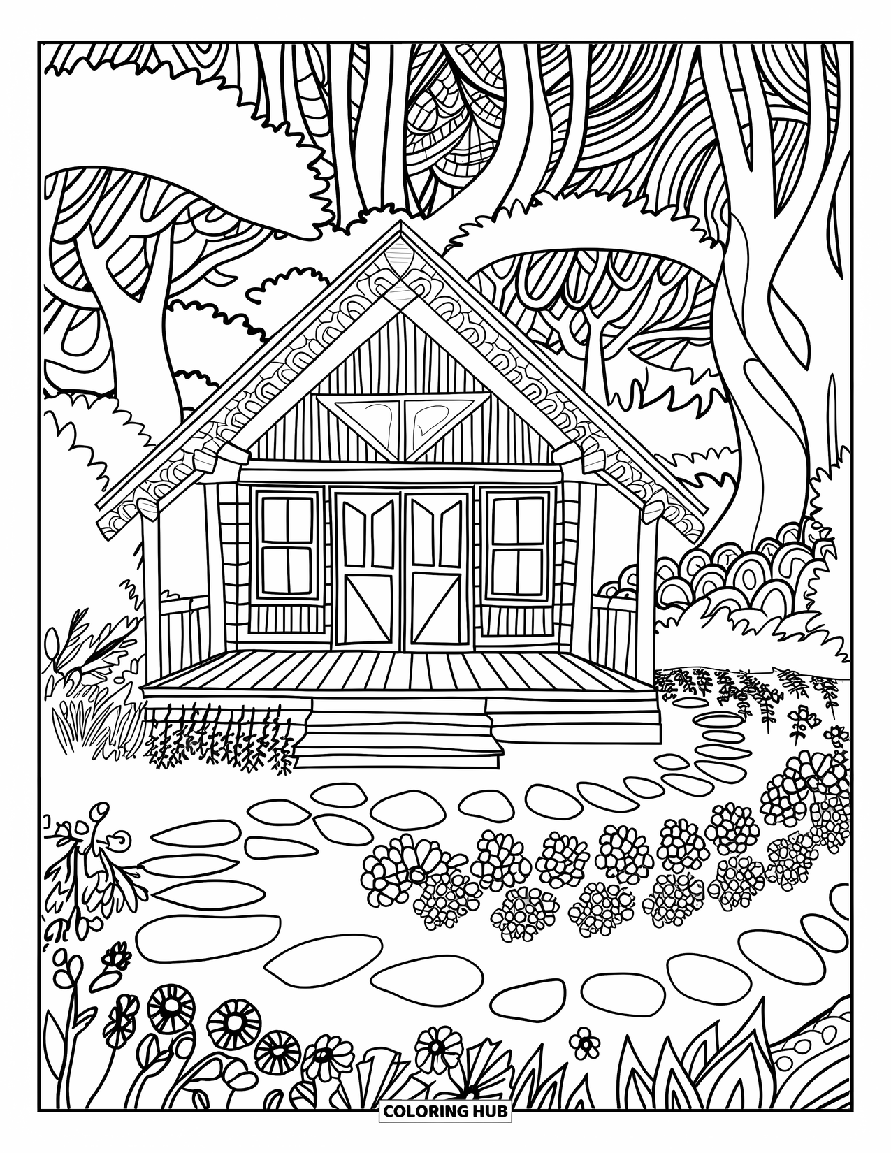 Log Cabin Coloring Page for Adults: Cozy cabin in a forest clearing with stone paths and wildflowers