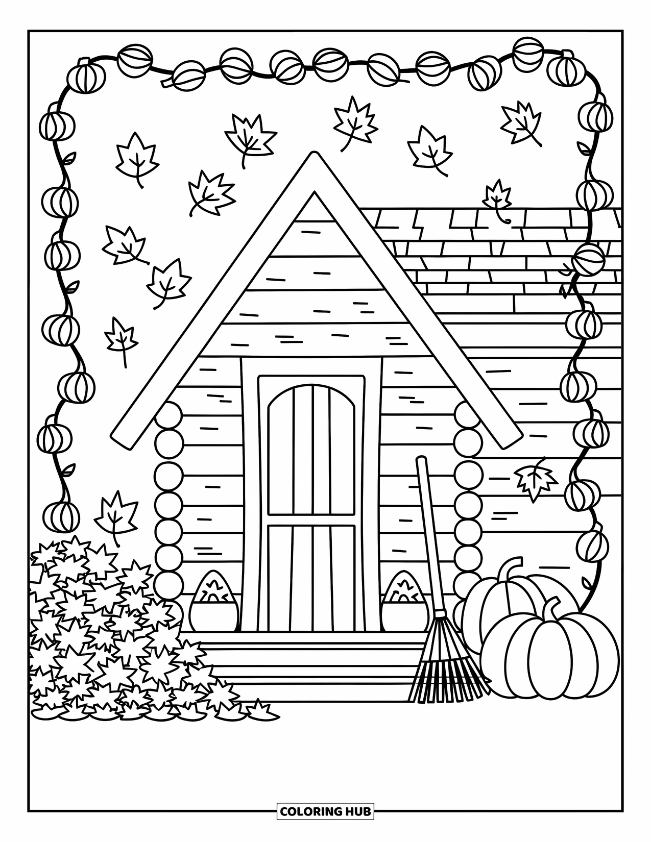 Log Cabin Coloring Page for Adults: Fall scene with cozy cabin, leaf pile, and winding pumpkin vines