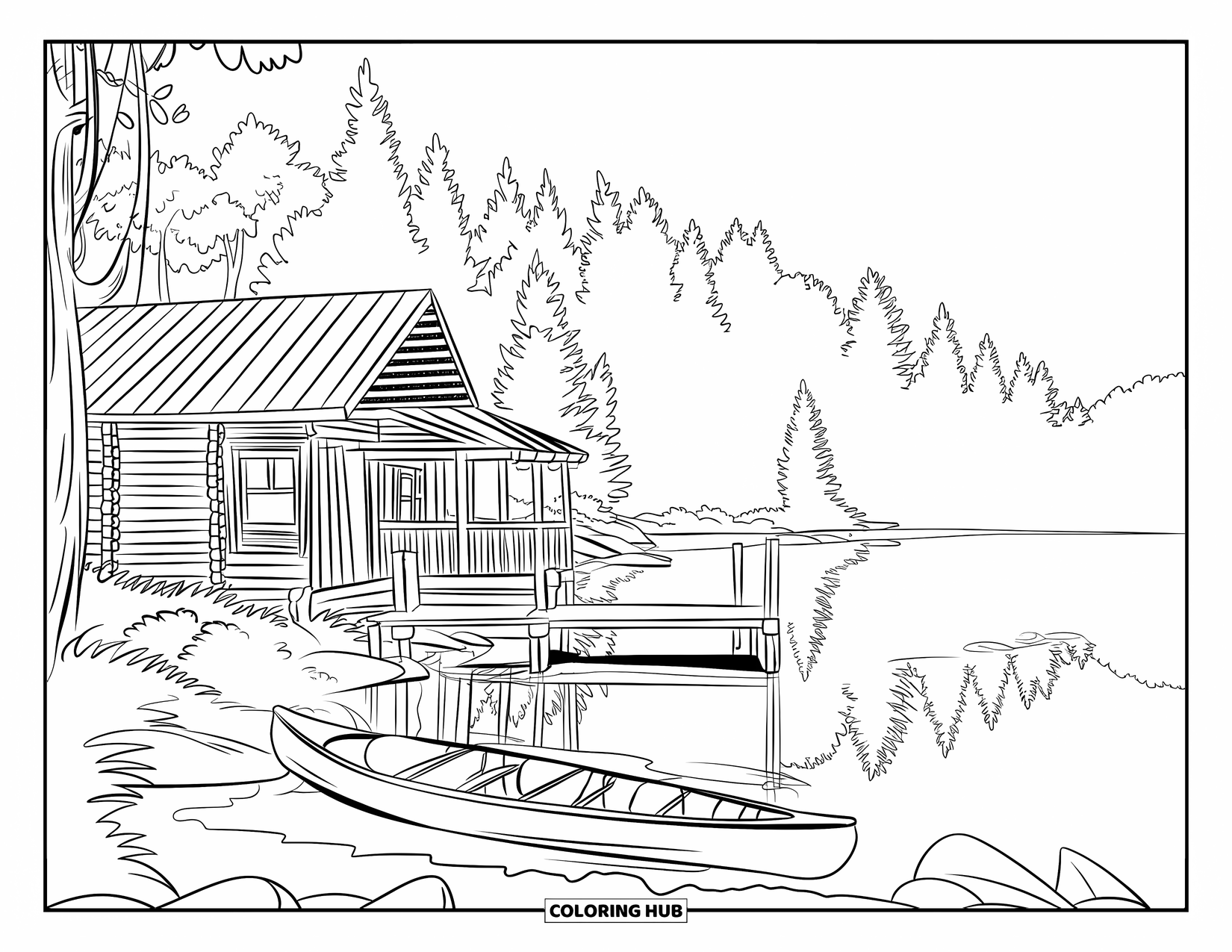 Log Cabin Coloring Page for Adults: Lakeside cabin with a pier, canoe, and peaceful trees