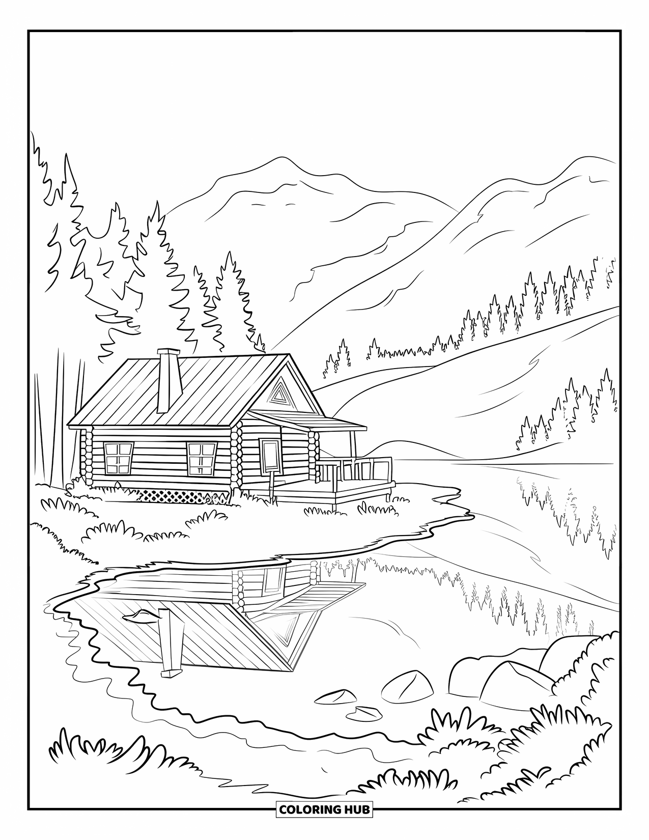 Log Cabin Coloring Page for Adults: Lakeside cabin with pine trees, soft mountains, and rocky shore