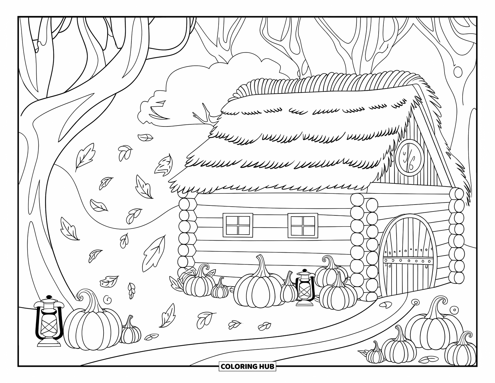 Log Cabin Coloring Page for Adults: Log cabin in fall with swirling leaves and pumpkin decor