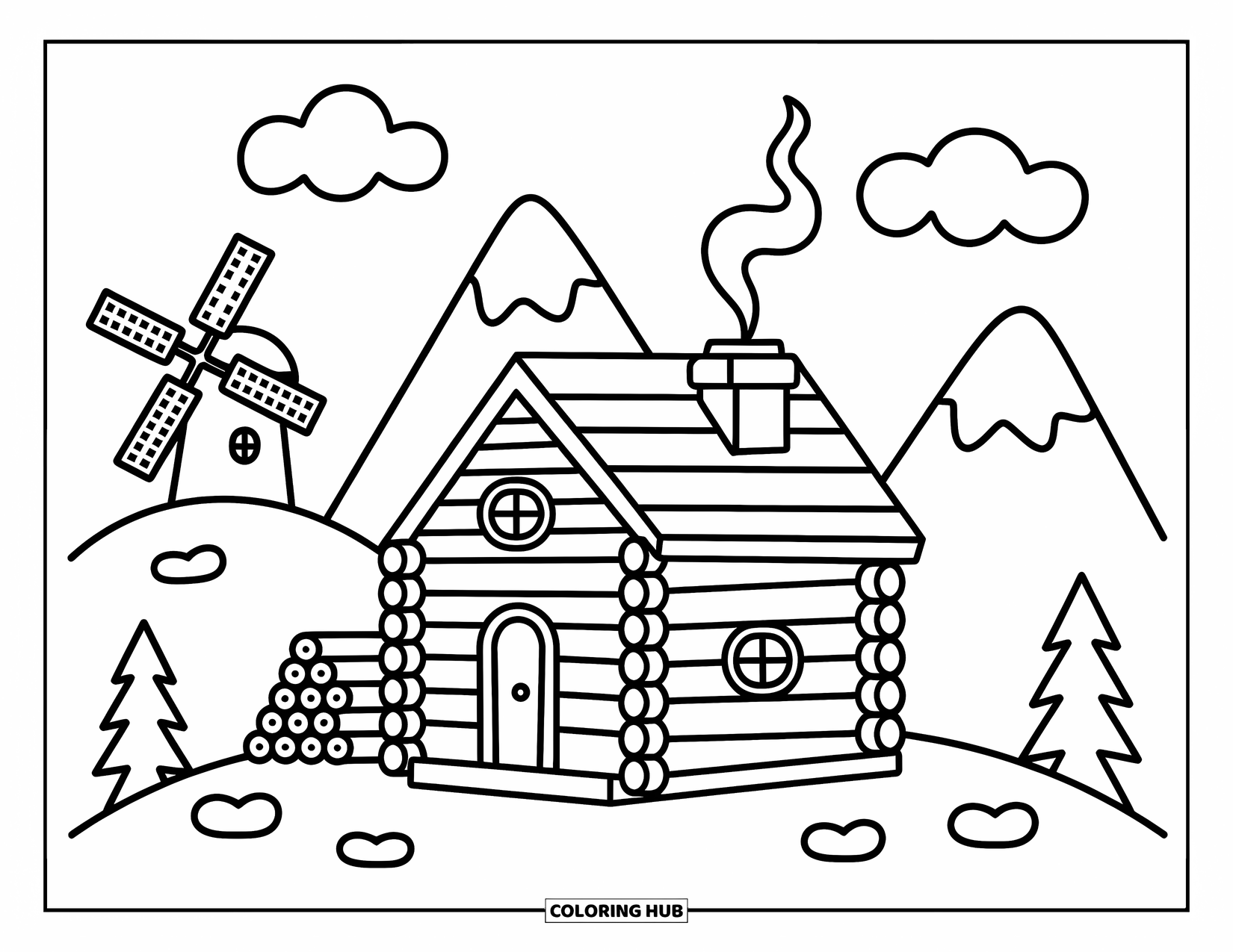 Log Cabin Coloring Page for Adults: Mountaintop cabin with smoke, a windmill, and clouds hugging distant peaks