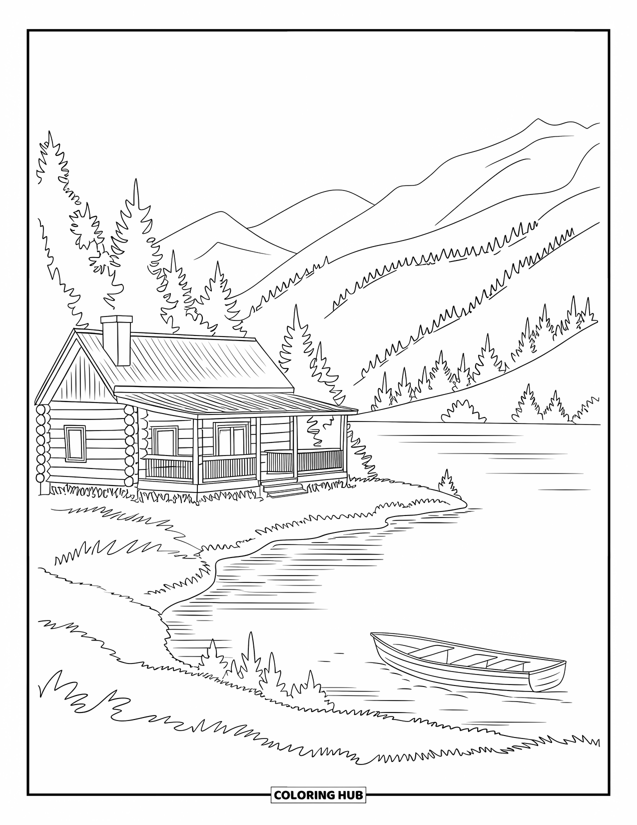 Log Cabin Coloring Page for Adults: Peaceful cabin by the lake with pine trees and a rowboat