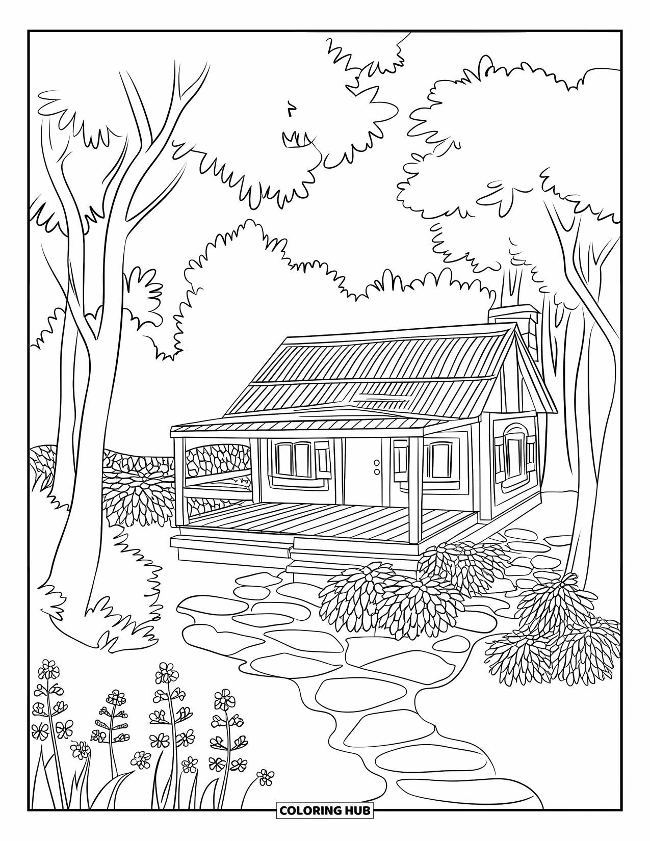 Log Cabin Coloring Page for Adults: Peaceful cabin in the forest with layered leaves and flowers