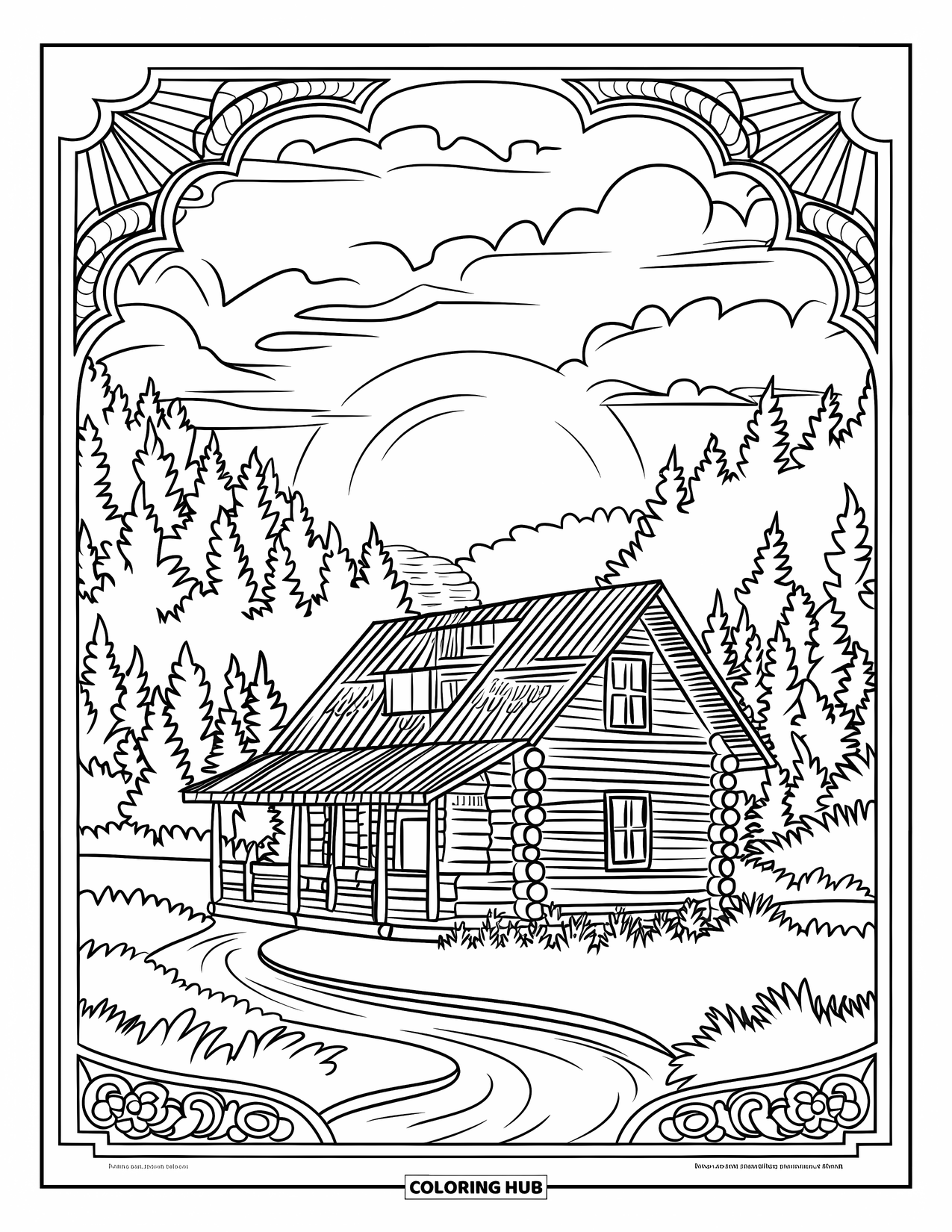 Log Cabin Coloring Page for Adults: Rustic cabin by a river at sunset with clouds and forest views