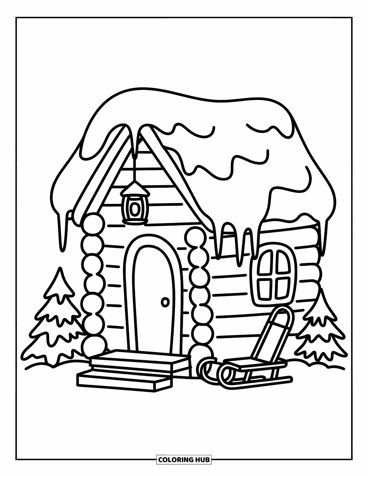 Log Cabin Coloring Page for Adults: Snow-covered cabin with icicles, pine trees, and a sweet little sled