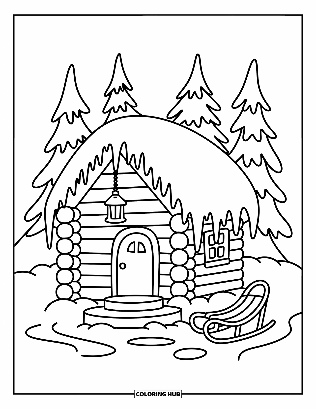 Log Cabin Coloring Page for Adults: Snowy cabin with curved roof, icicles, pine trees, and a tiny sled