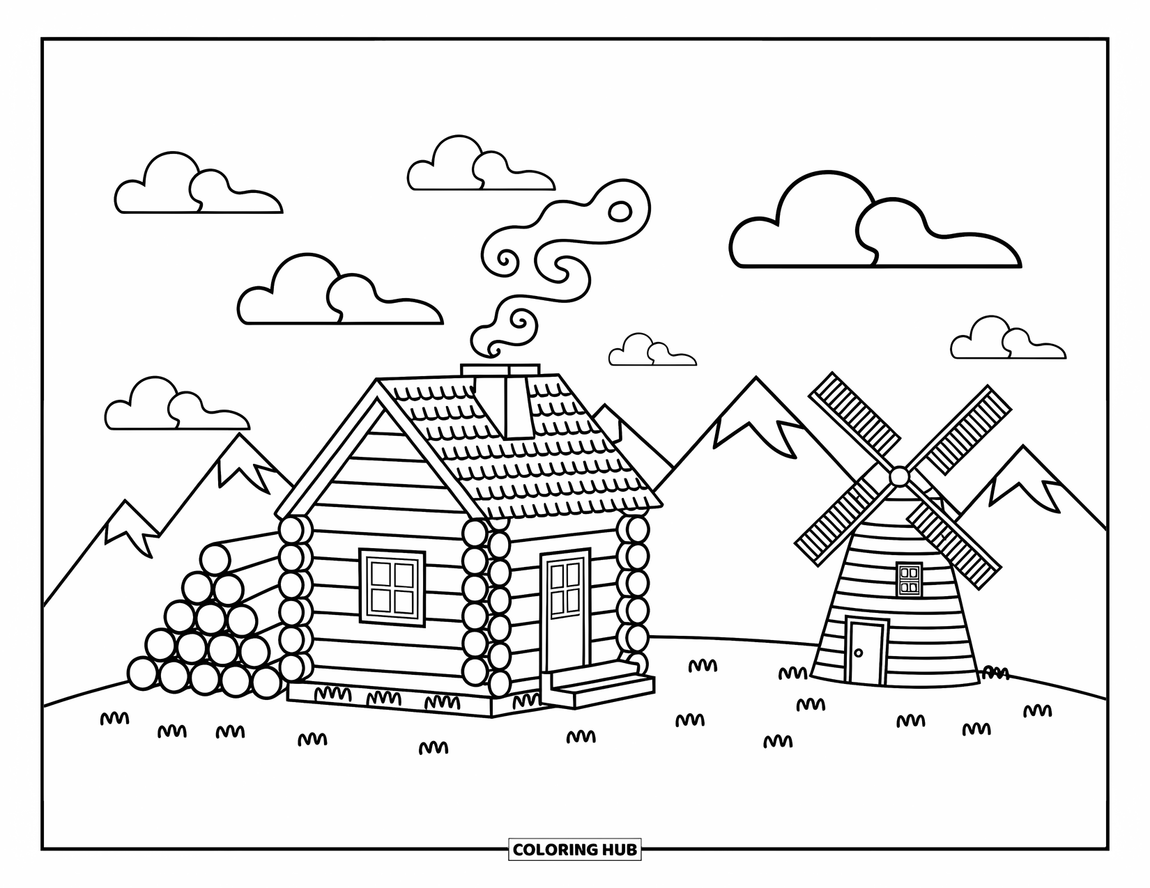 Log Cabin Coloring Page for Adults: Tiny cabin near clouds with smoke, windmill, and soft mountain shapes