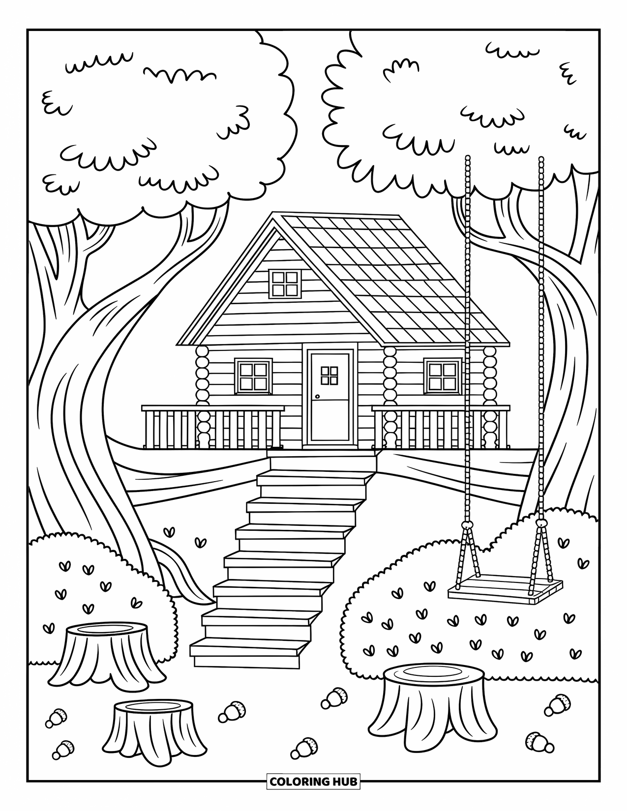Log Cabin Coloring Page for Adults: Treehouse nestled in round trees with stairs, swing, and playful forest floor