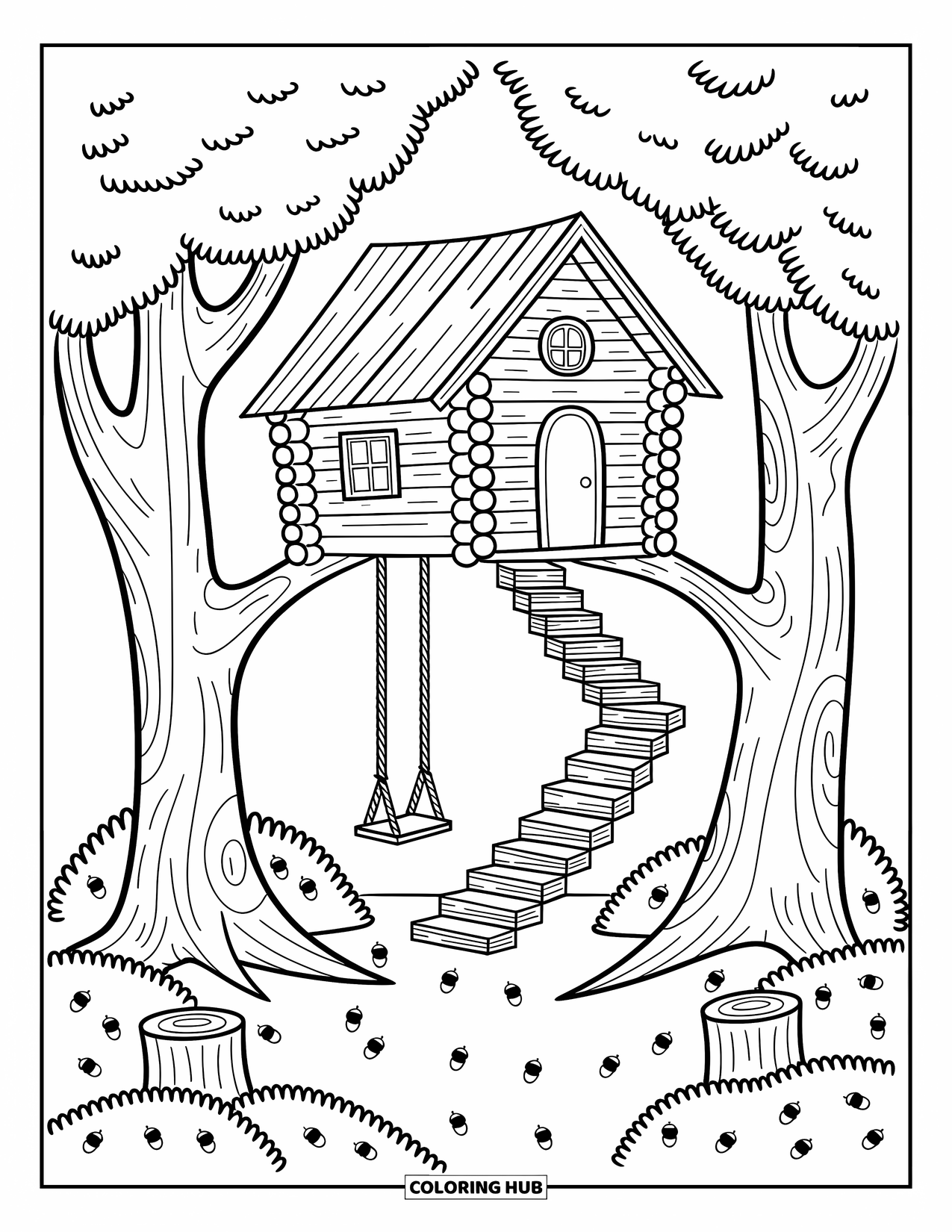 Log Cabin Coloring Page for Adults: Treehouse with swing, winding stairs, and cute acorns on the ground