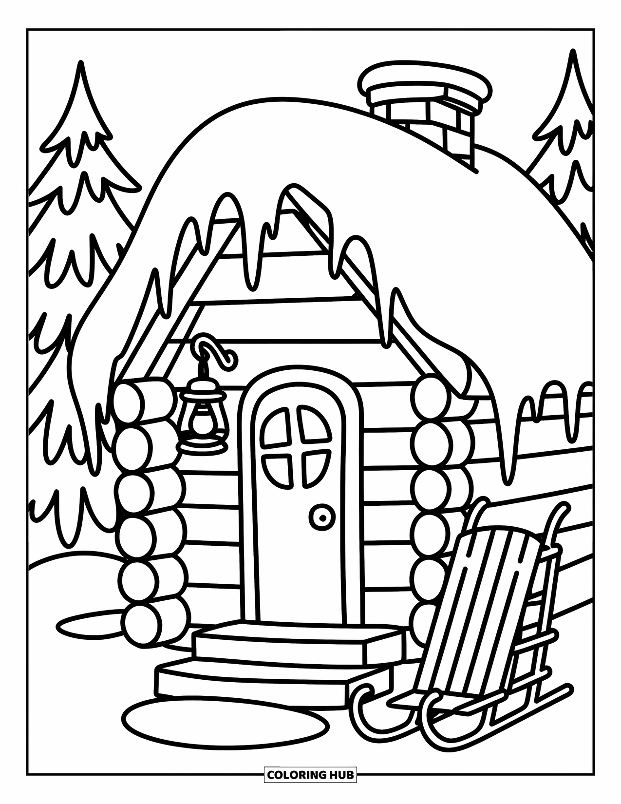 Log Cabin Coloring Page for Adults: Wintery cabin with lantern, snowy roof, pine trees, and a leaning sled