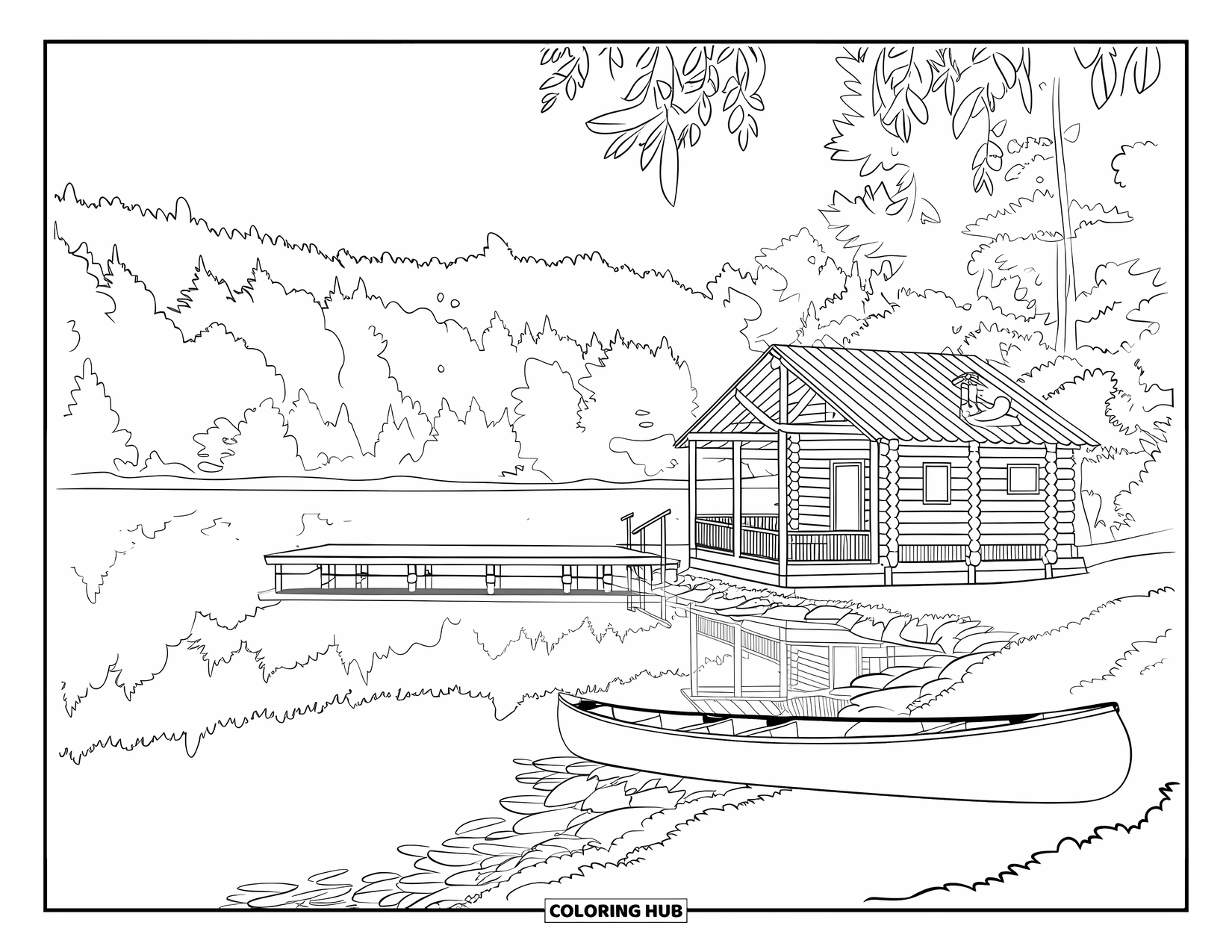 Log Cabin Coloring Page for Adults: Wooden cabin with a pier, lakeside view, and canoe resting nearby