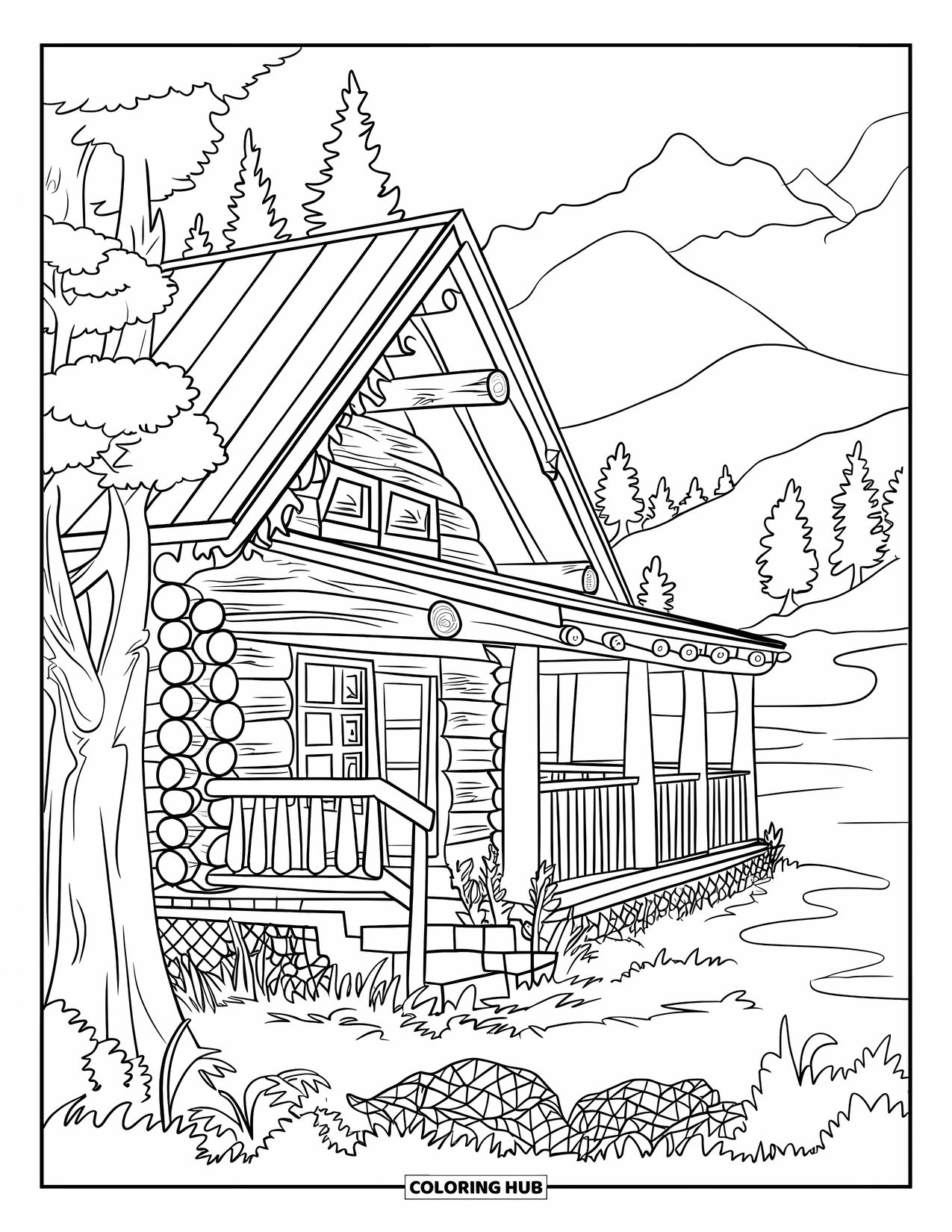 Log Cabin Coloring Page for Adults: Woodsy cabin with intricate details, trees, and a mountain backdrop