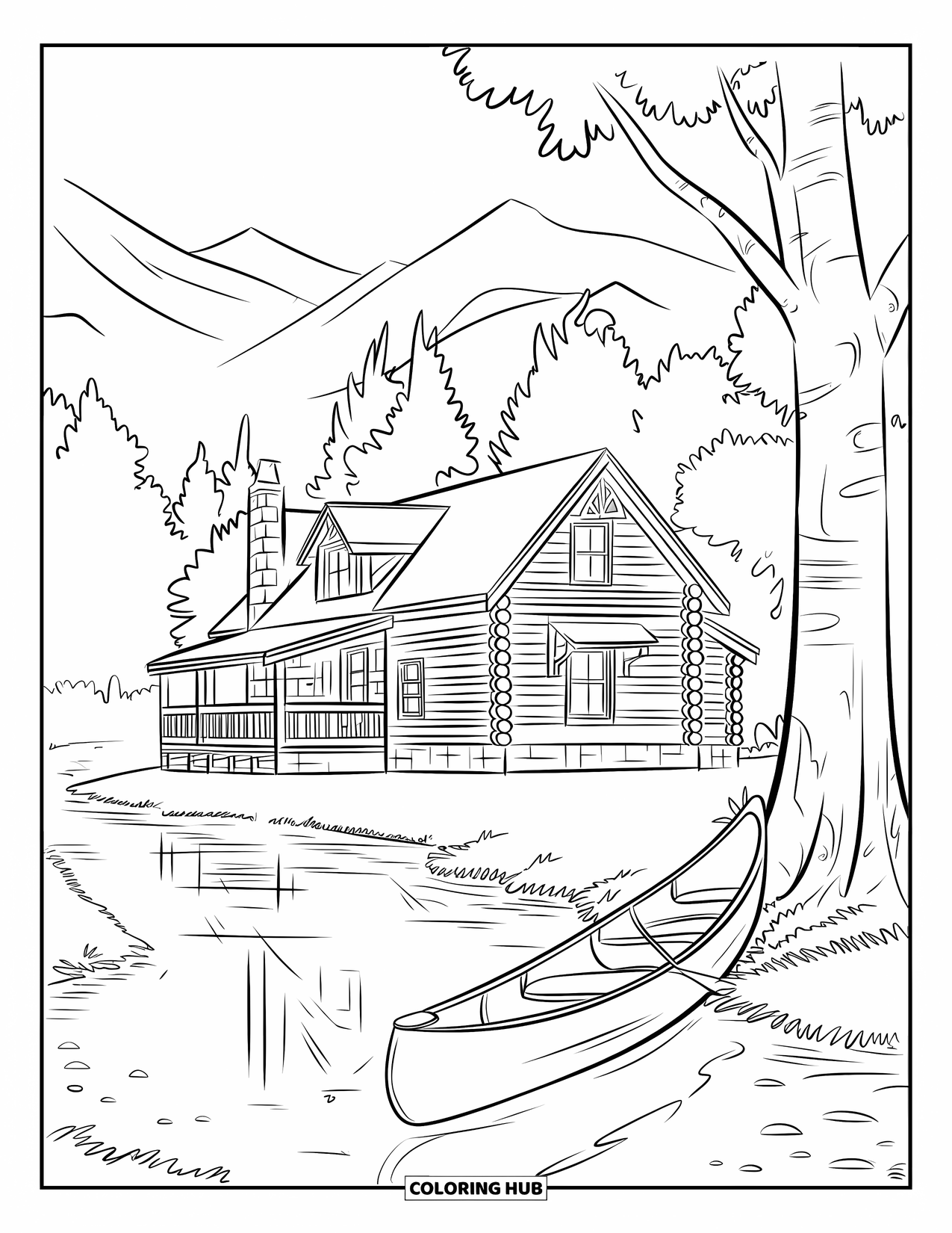 Log Cabin Coloring Page for Kids: Cabin beside a river with a canoe tied near trees and mountains