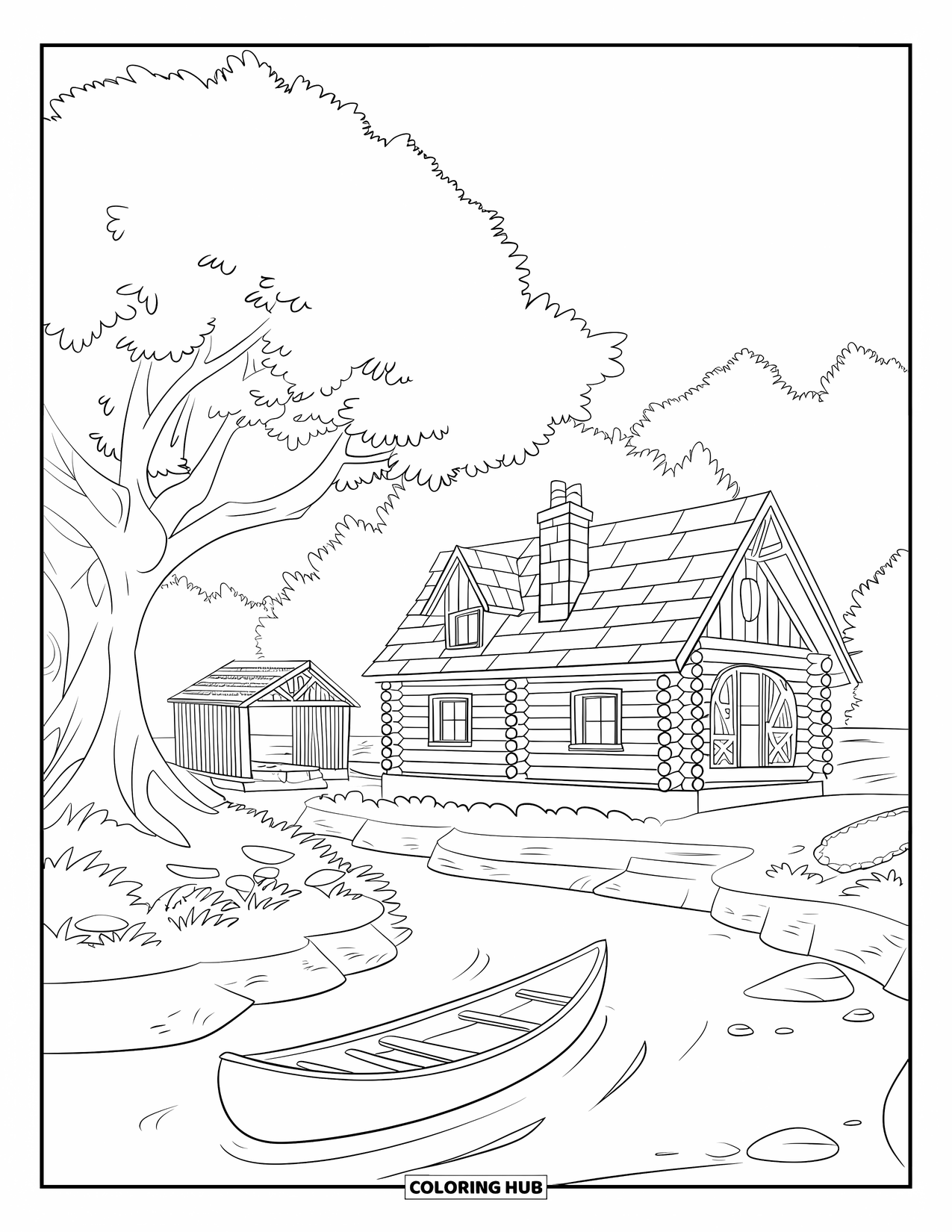 Log Cabin Coloring Page for Kids: Cabin by a calm river with a canoe, trees, and a wooden ladder