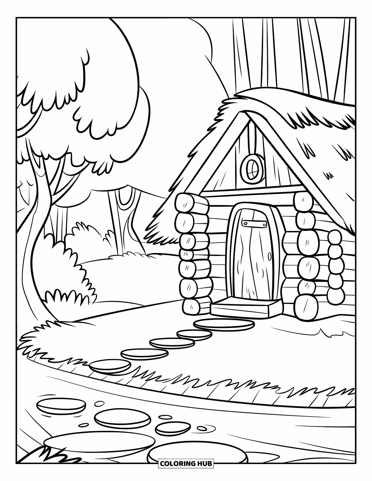 Log Cabin Coloring Page for Kids: Cabin by a quiet stream with round-leaf trees and a peaceful forest view