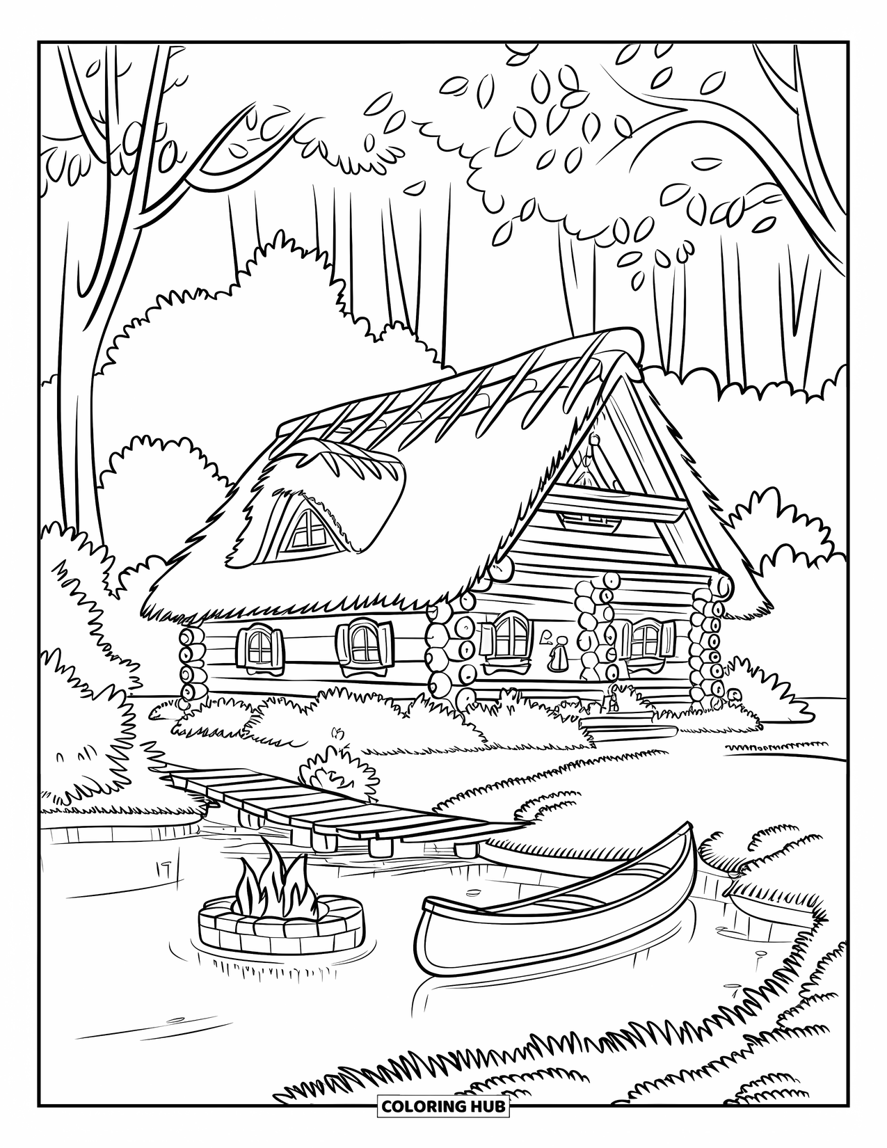 Log Cabin Coloring Page for Kids: Cabin by a river with a dock, canoe, bridge, and a glowing firepit