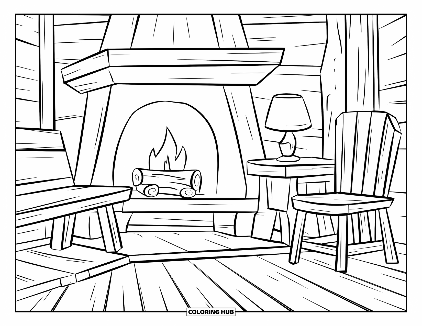 Log Cabin Coloring Page for Kids: Cabin interior with a crackling fireplace, wooden bench, and a table lamp