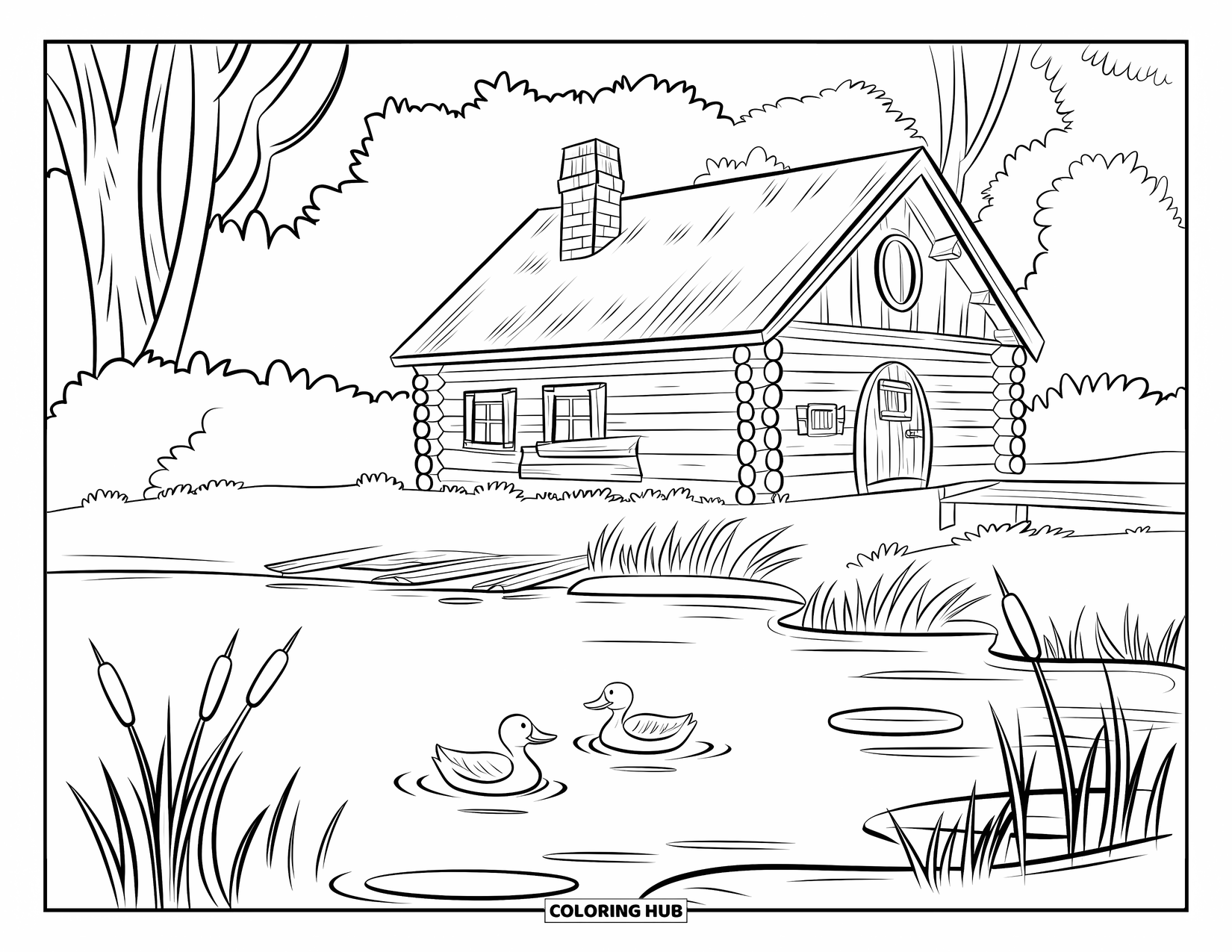 Log Cabin Coloring Page for Kids: Cabin near a lake with ducks swimming and cattails growing by the shore