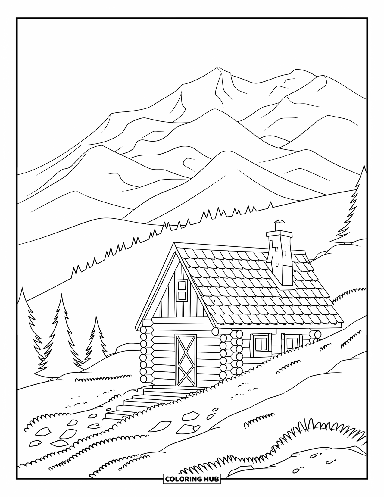 Log Cabin Coloring Page for Kids: Cabin on a hillside with chimney smoke, forest trees, and layered mountain views